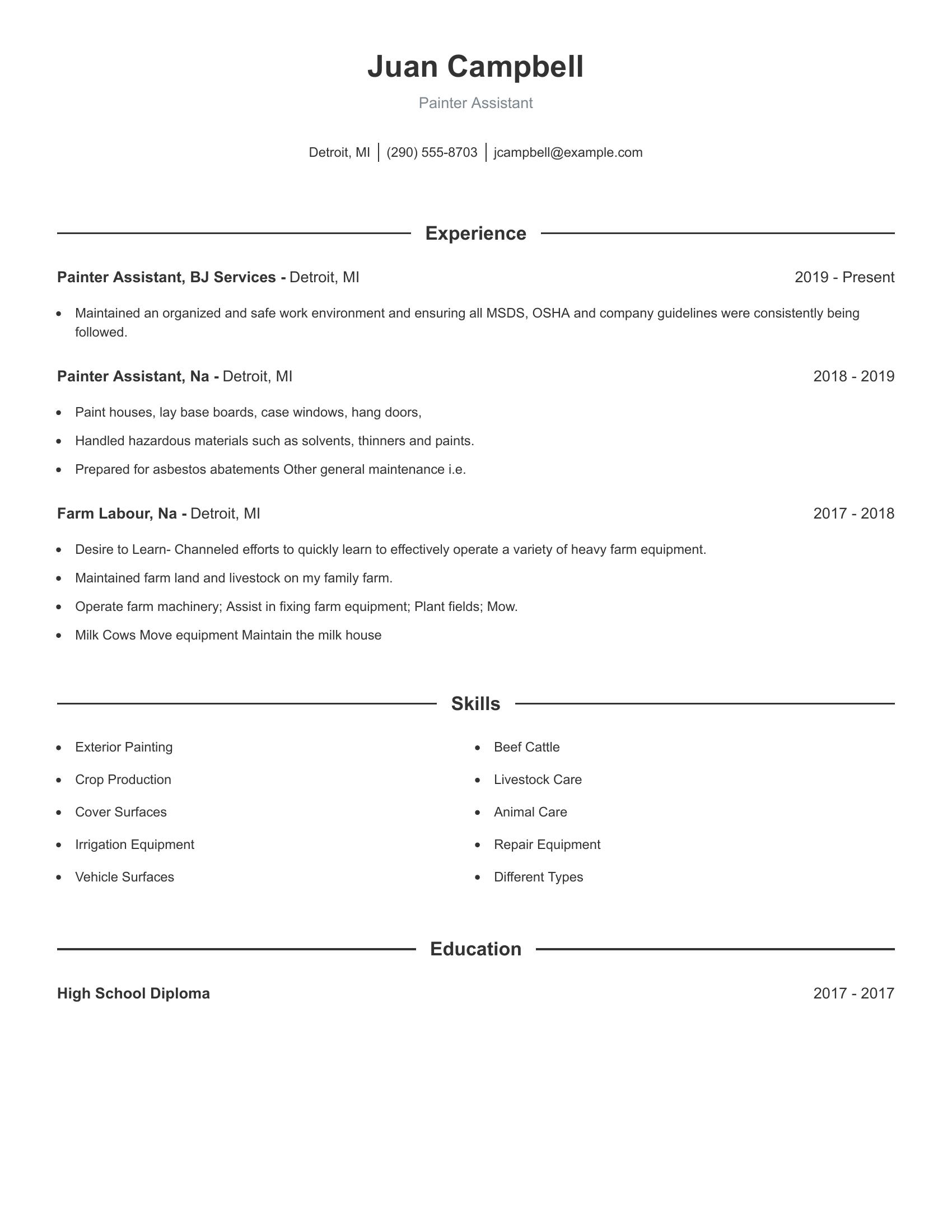 Painter Assistant resume example