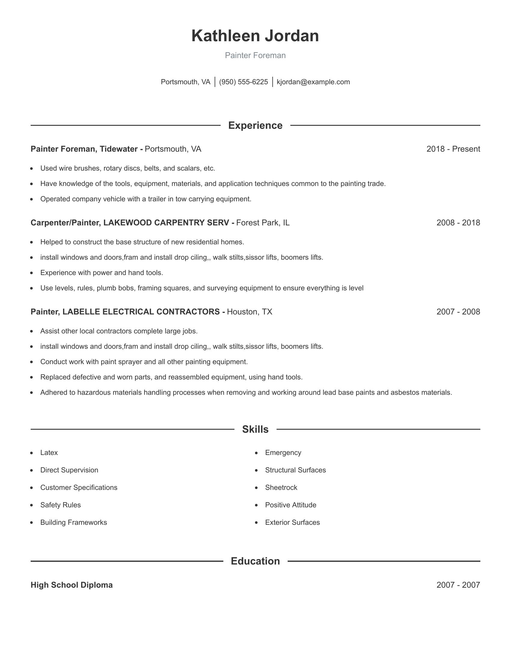 Painter Foreman resume example