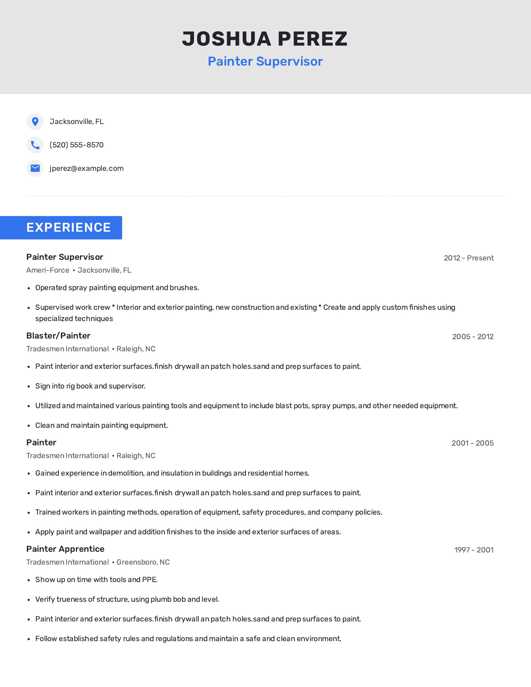 Painter Supervisor resume example