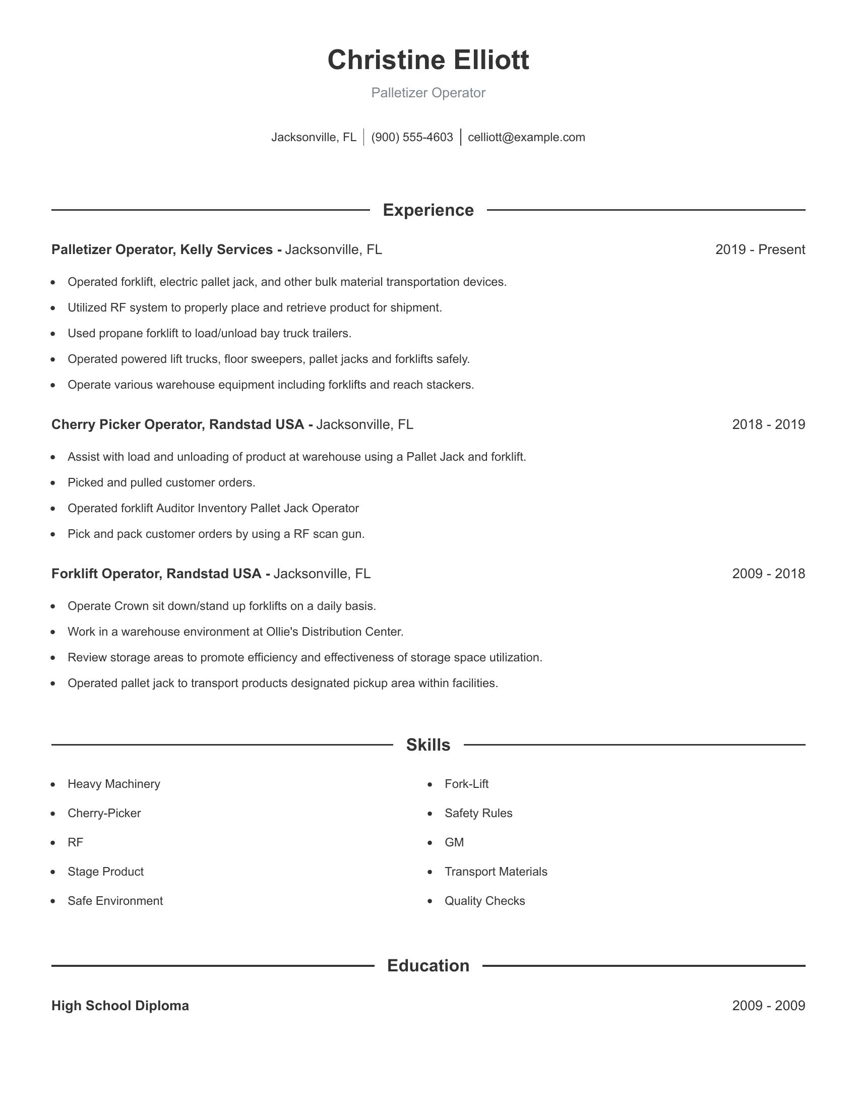 Palletizer Operator resume example