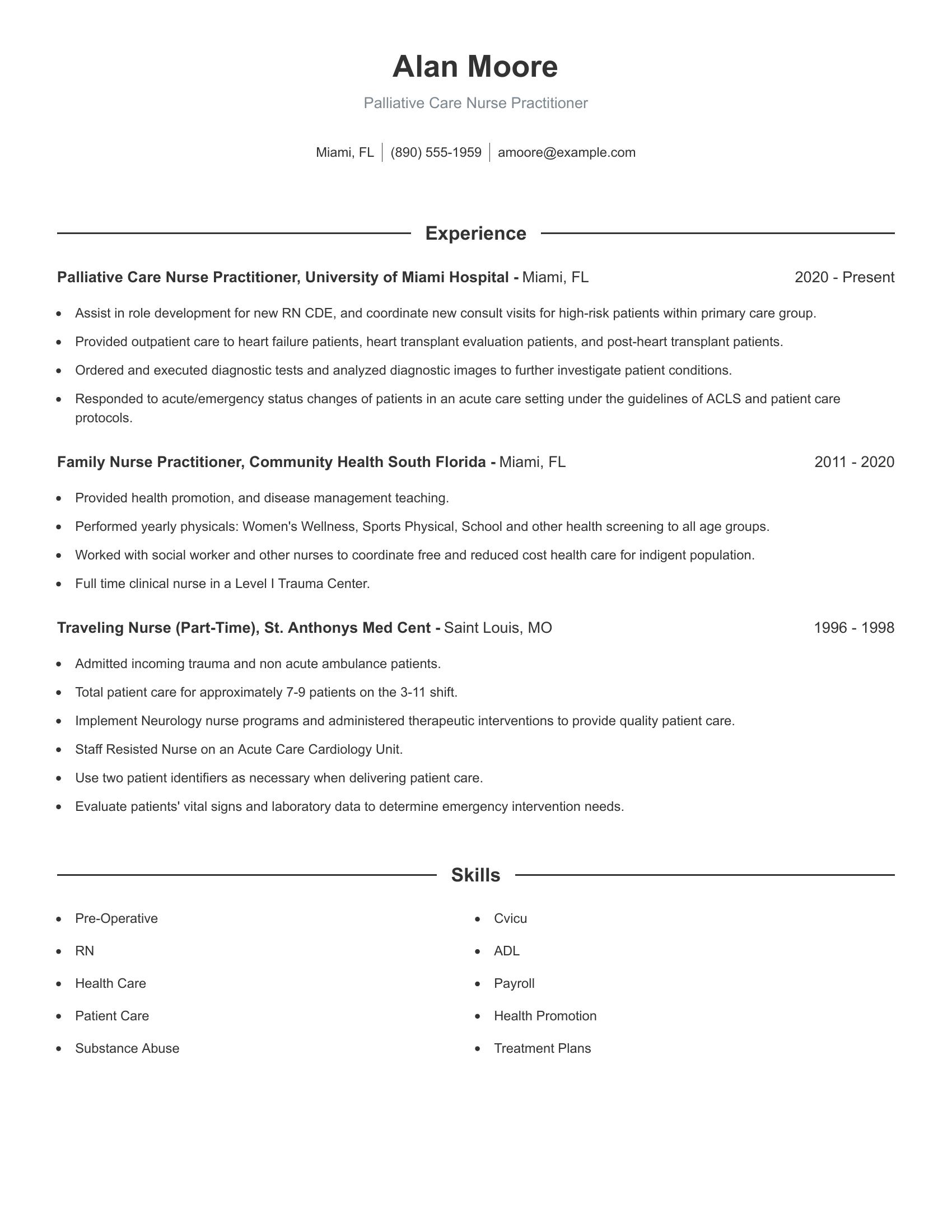 Palliative Care Nurse Practitioner resume example