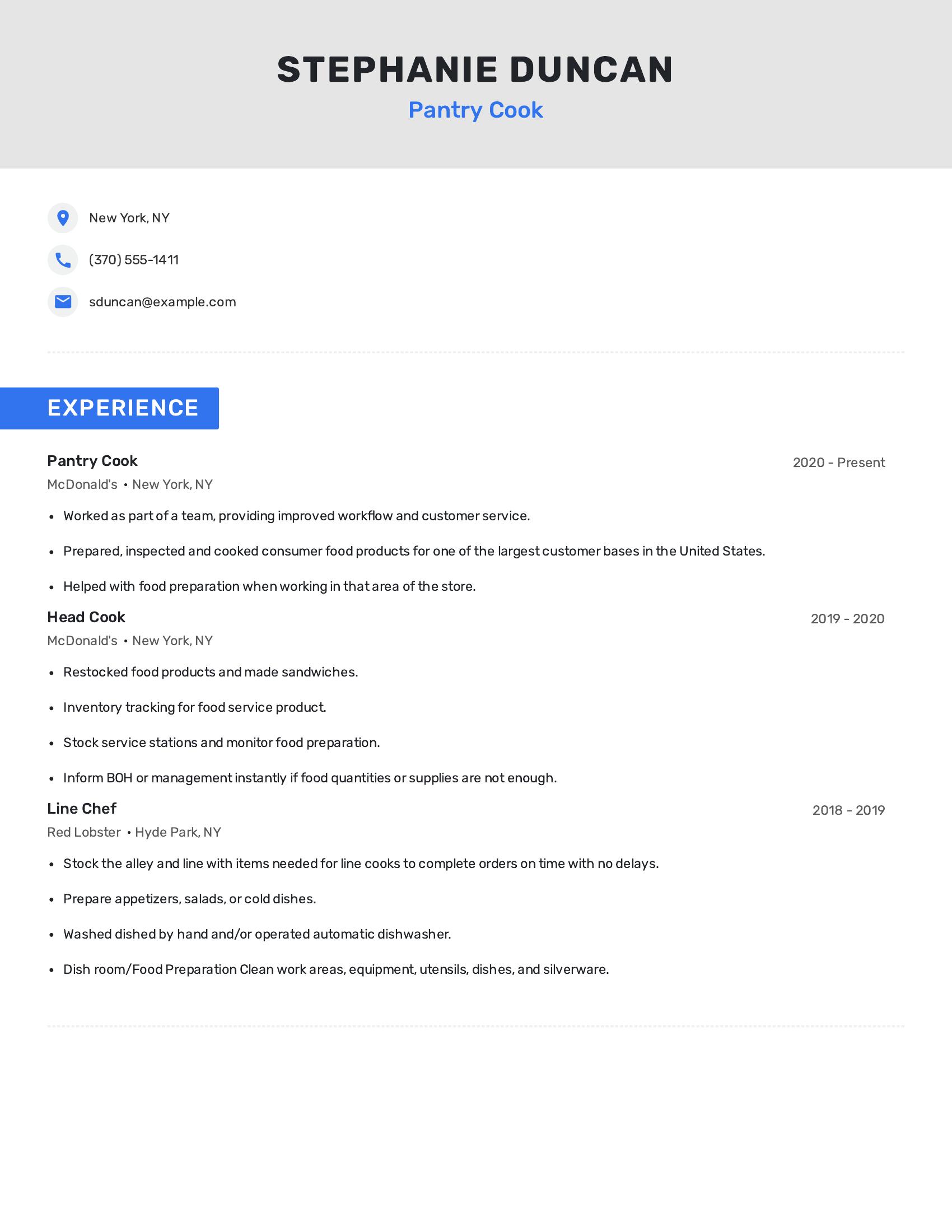 Pantry Cook resume example