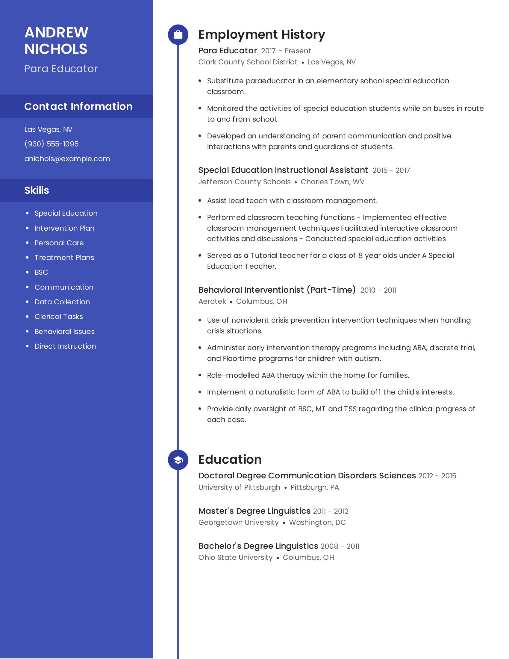 Para Educator resume example