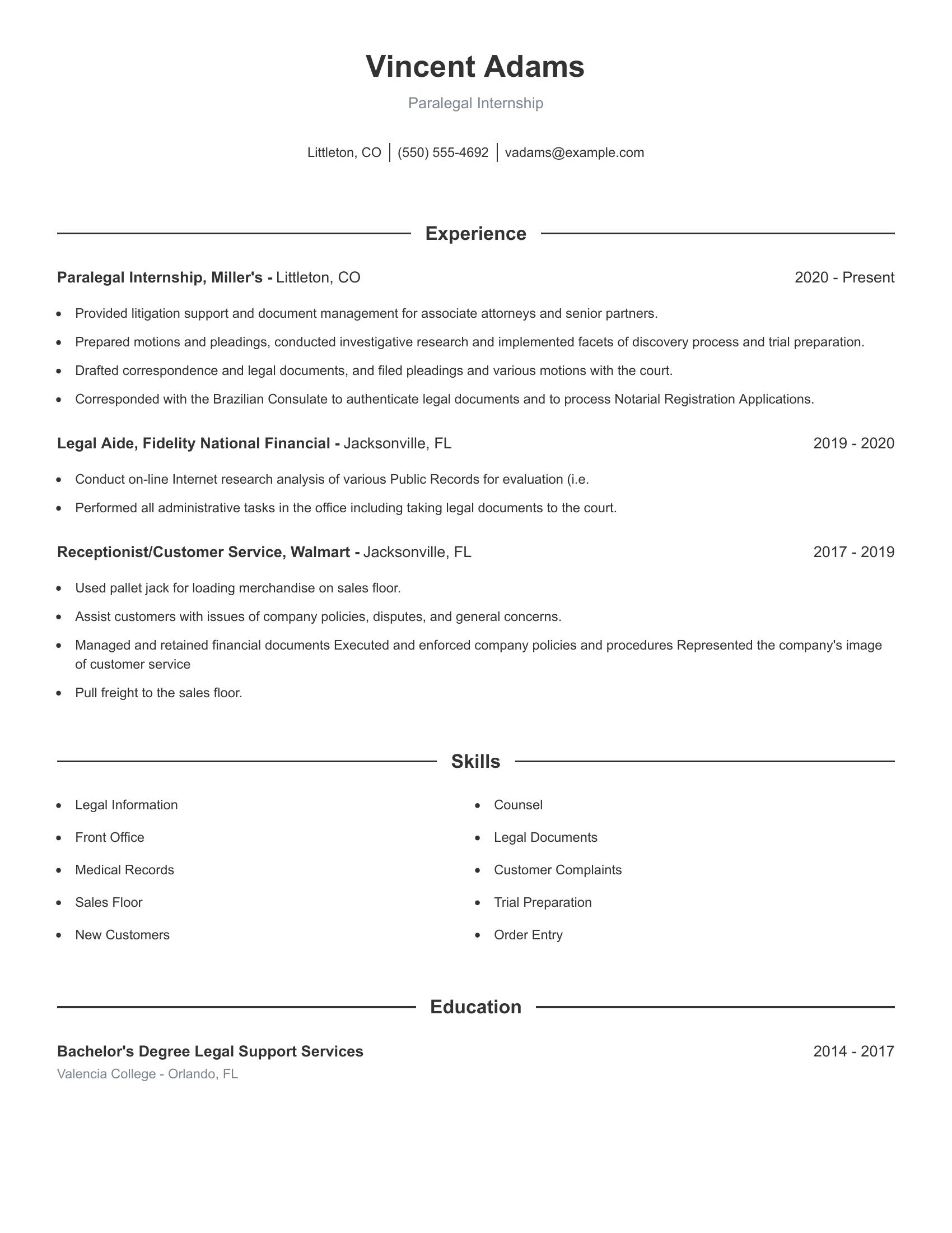 Paralegal Internship resume example