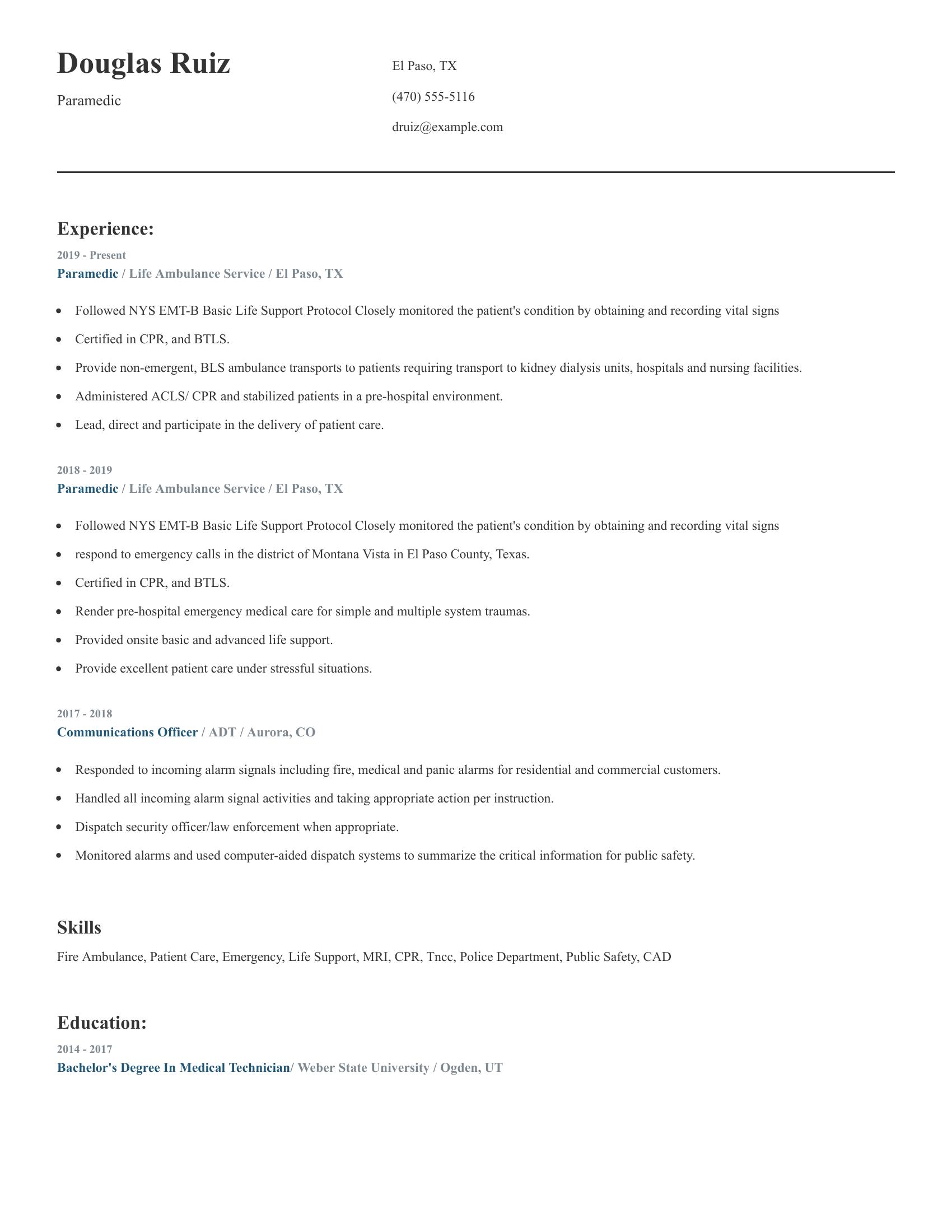 Paramedic resume example