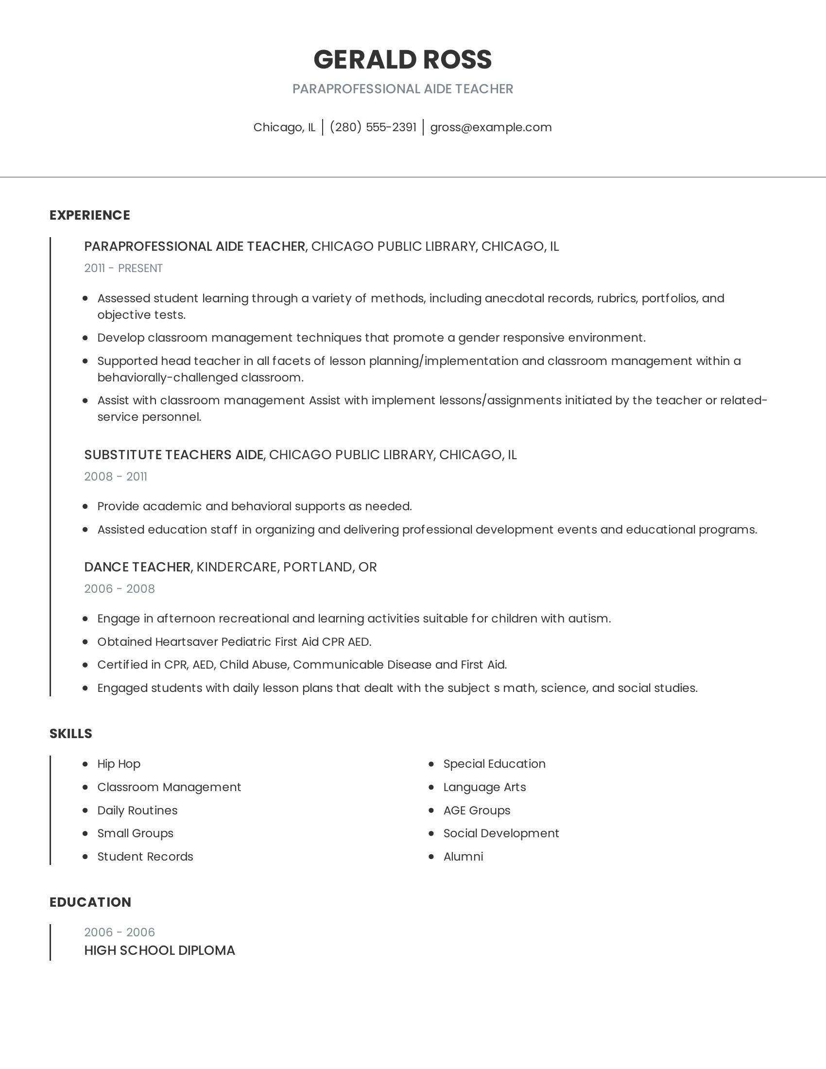 Paraprofessional Aide Teacher resume example