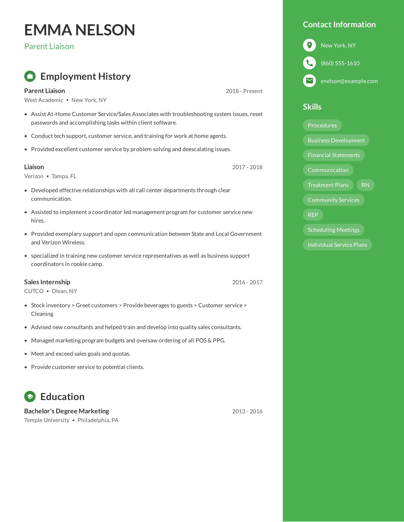 Parent Liaison resume example