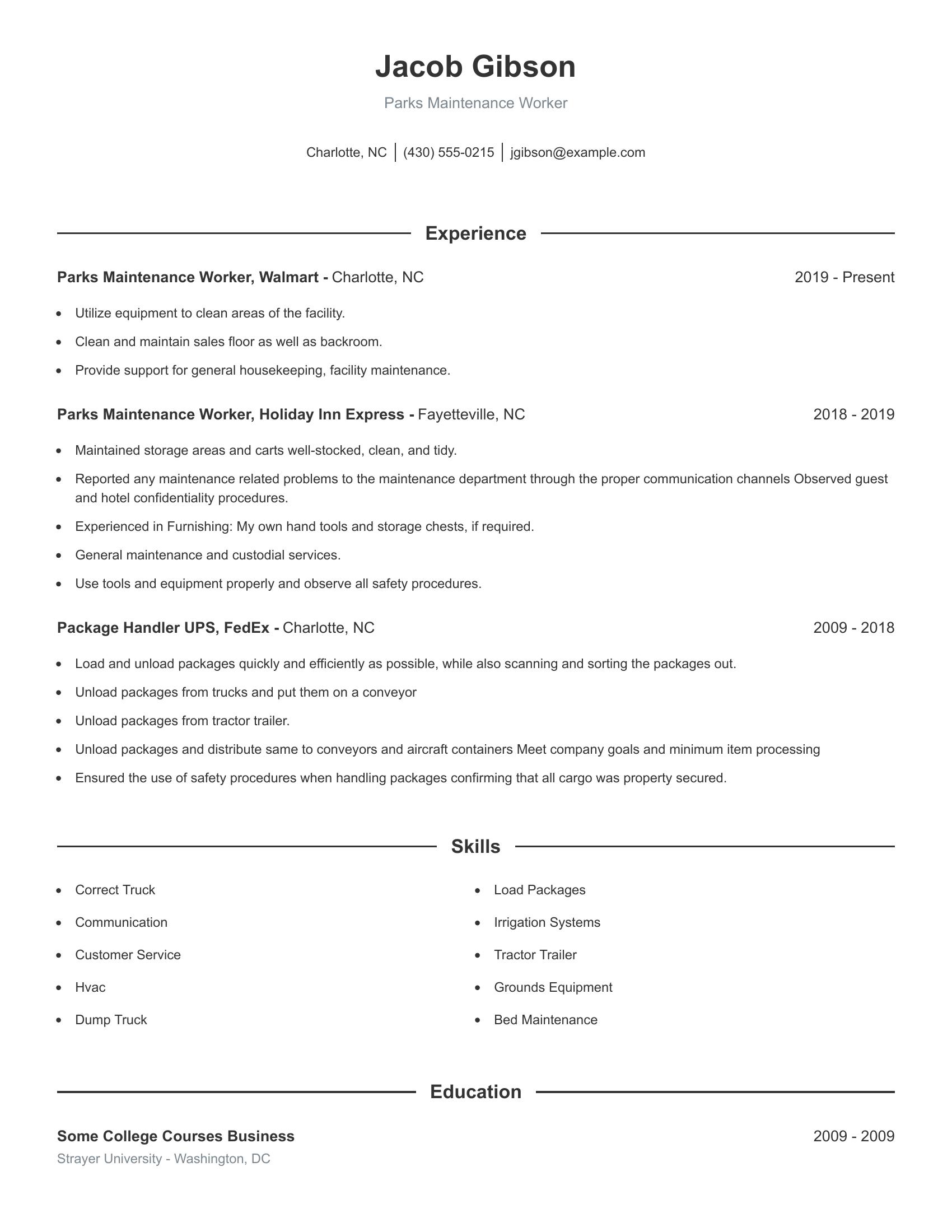 Parks Maintenance Worker resume example