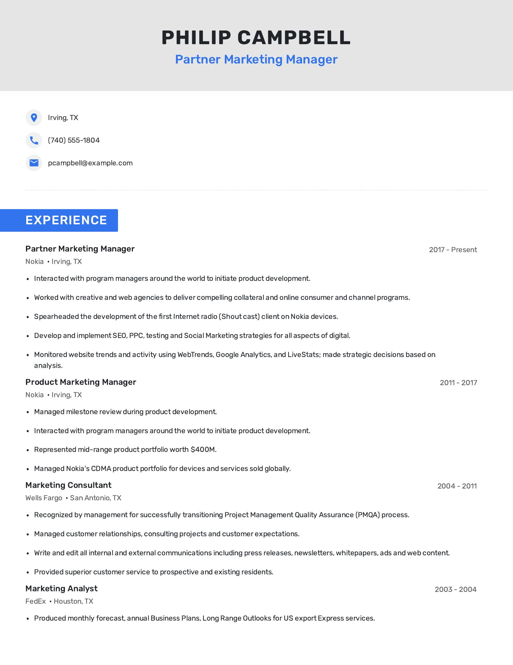 Partner Marketing Manager resume example