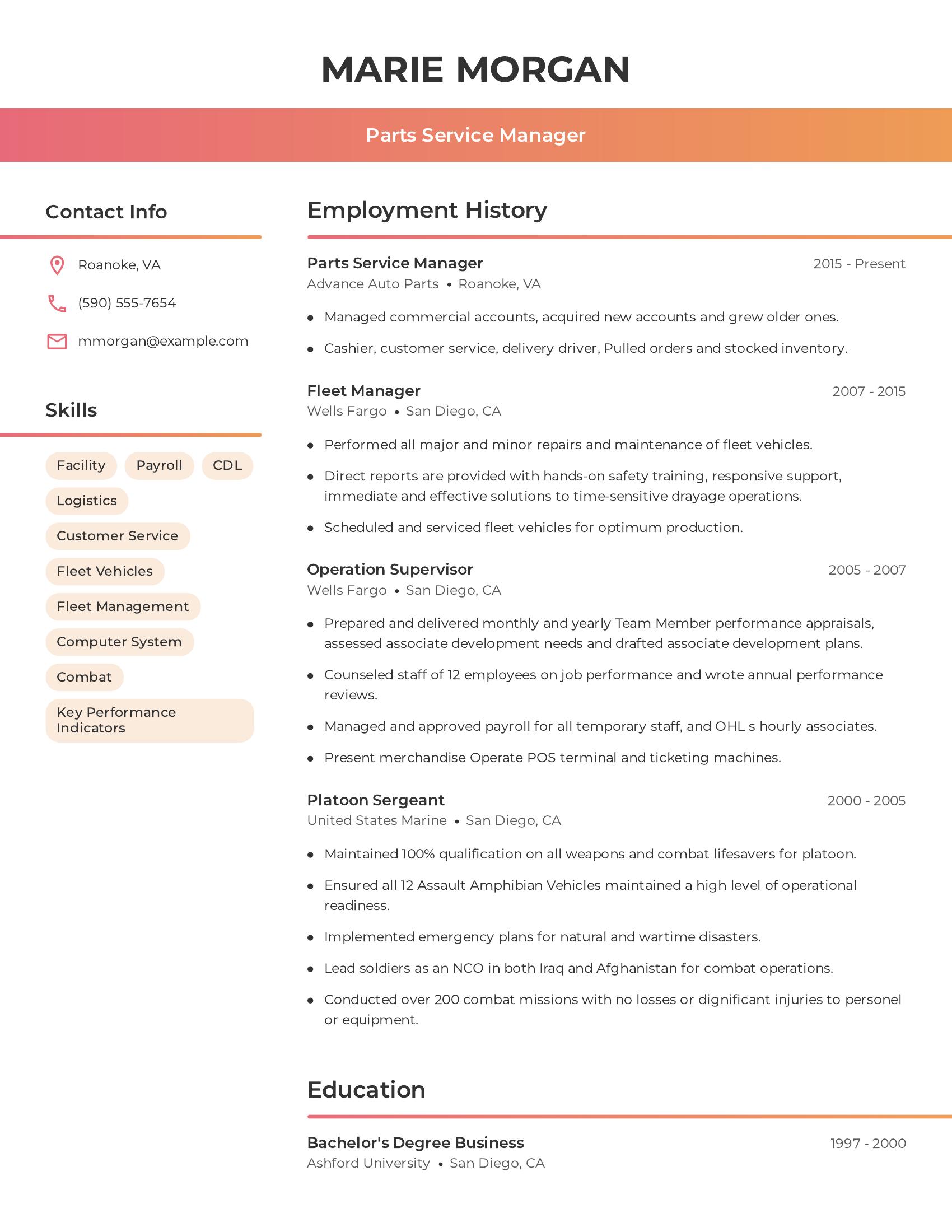 Parts Service Manager resume example