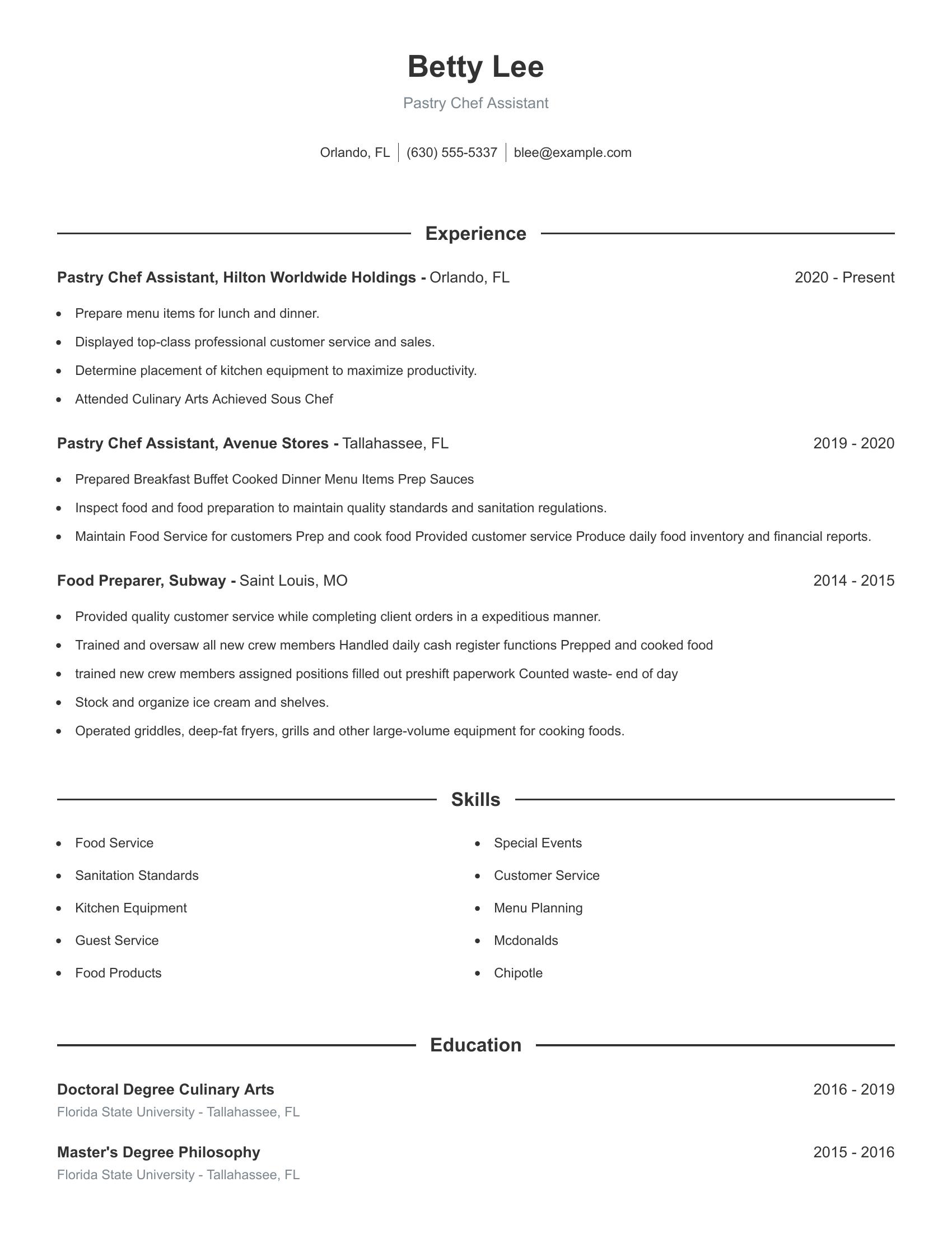 Pastry Chef Assistant resume example