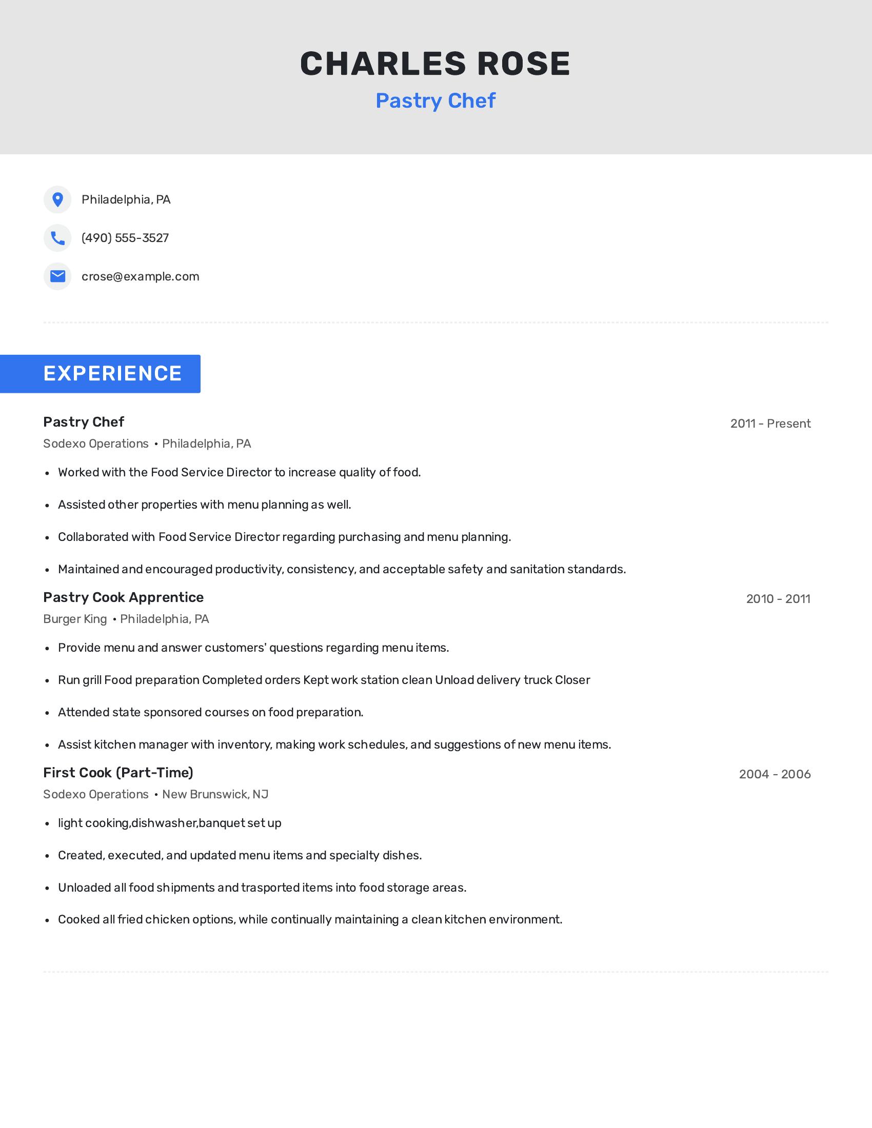 Pastry Chef resume example