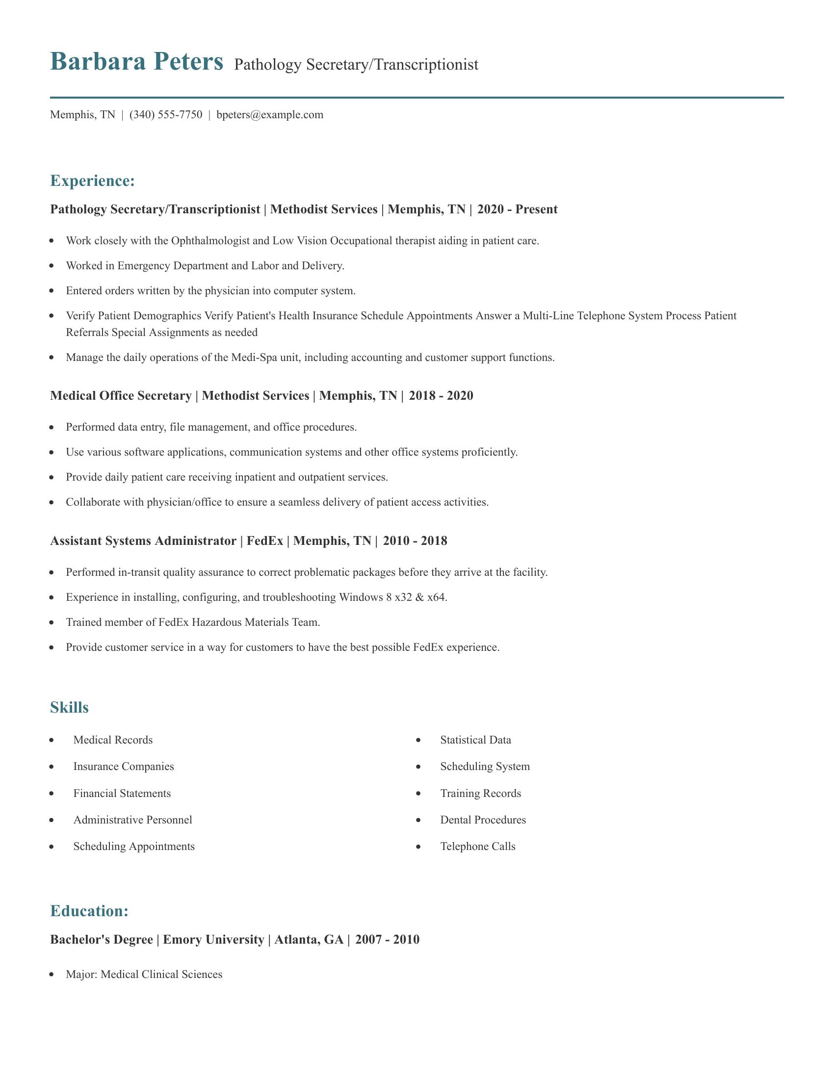 Pathology Secretary/Transcriptionist resume example