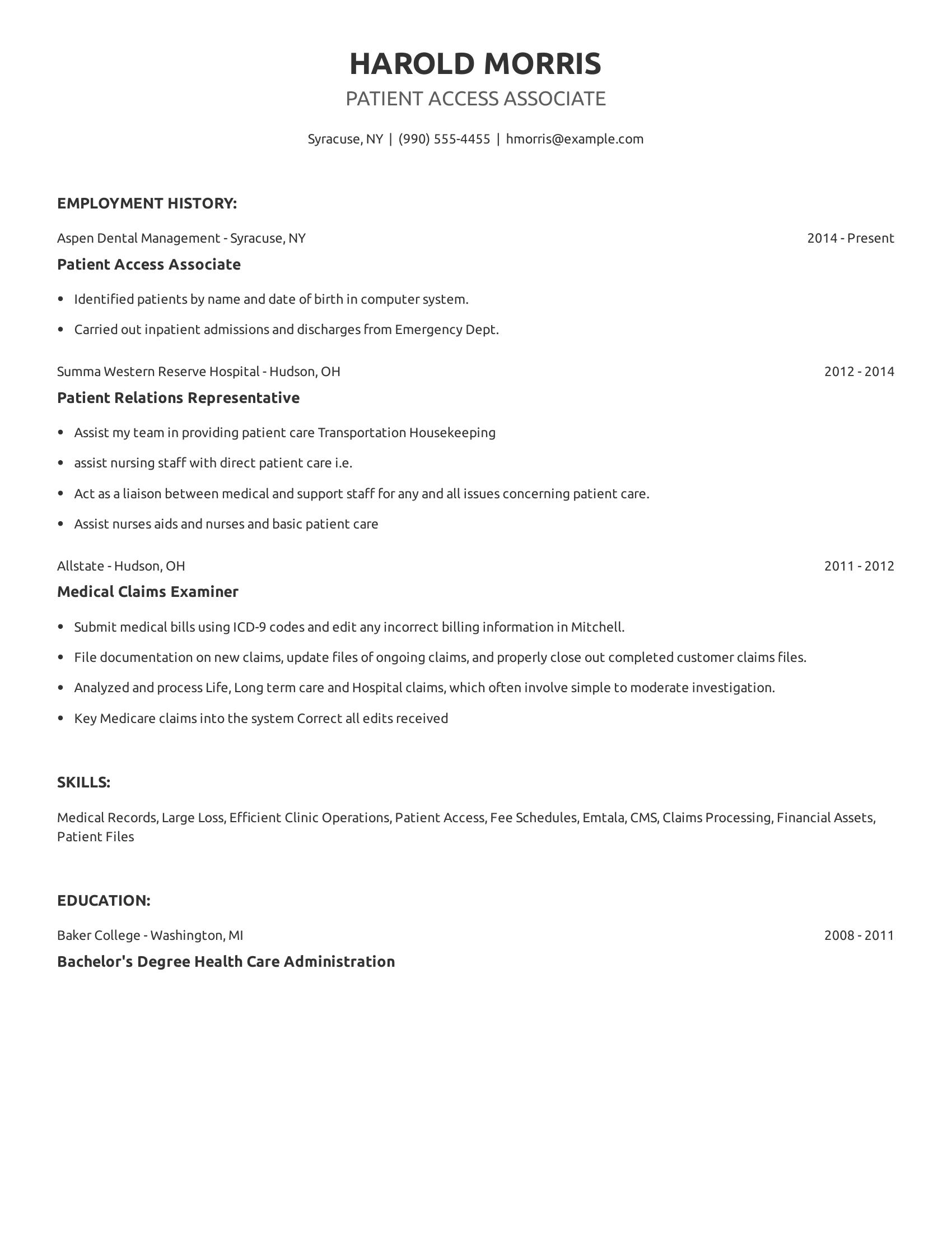 Patient Access Associate resume example