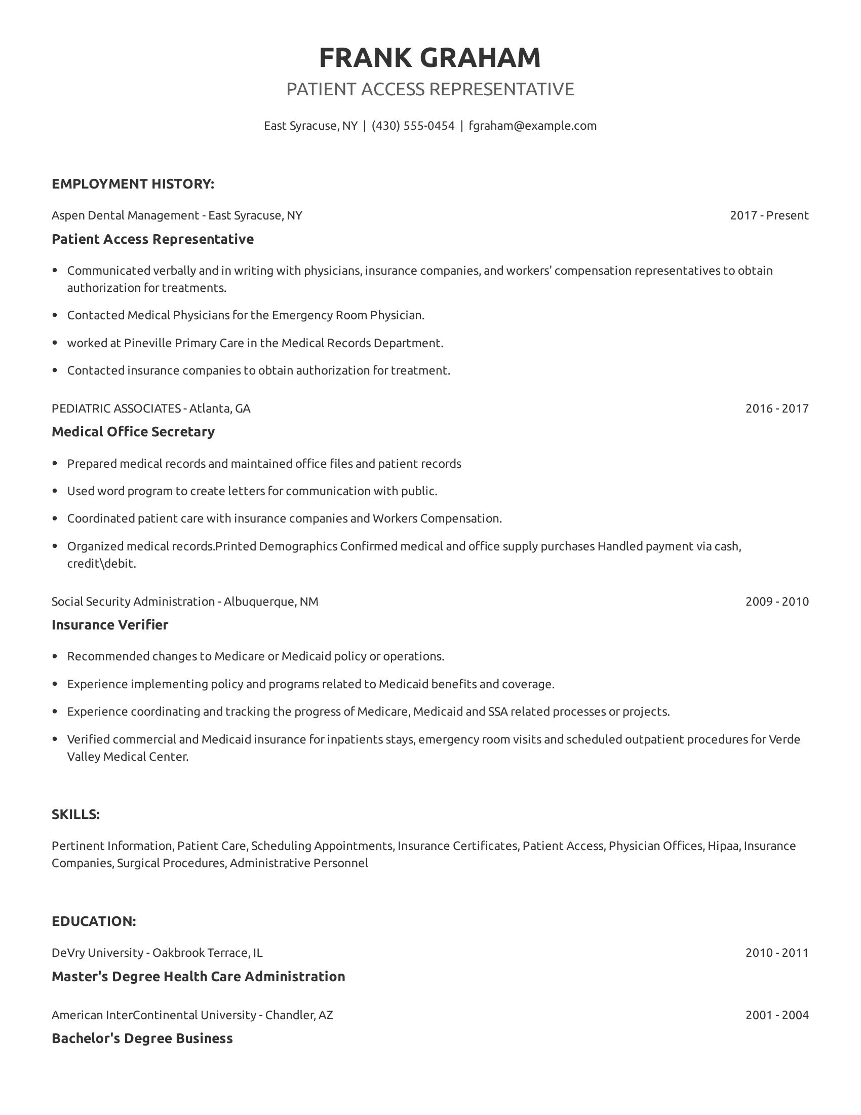 Patient Access Representative resume example