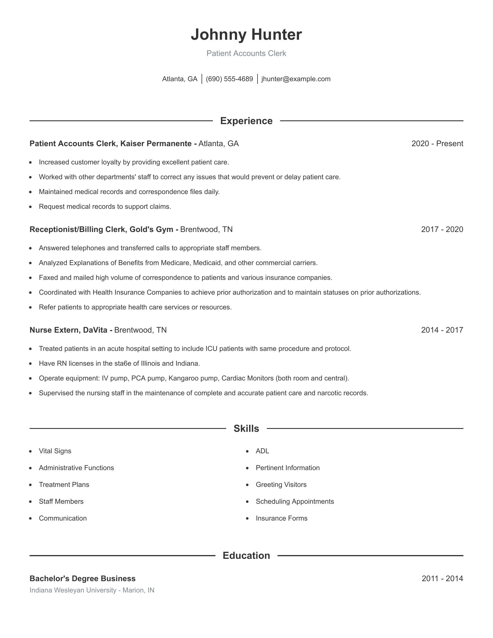 Patient Accounts Clerk resume example