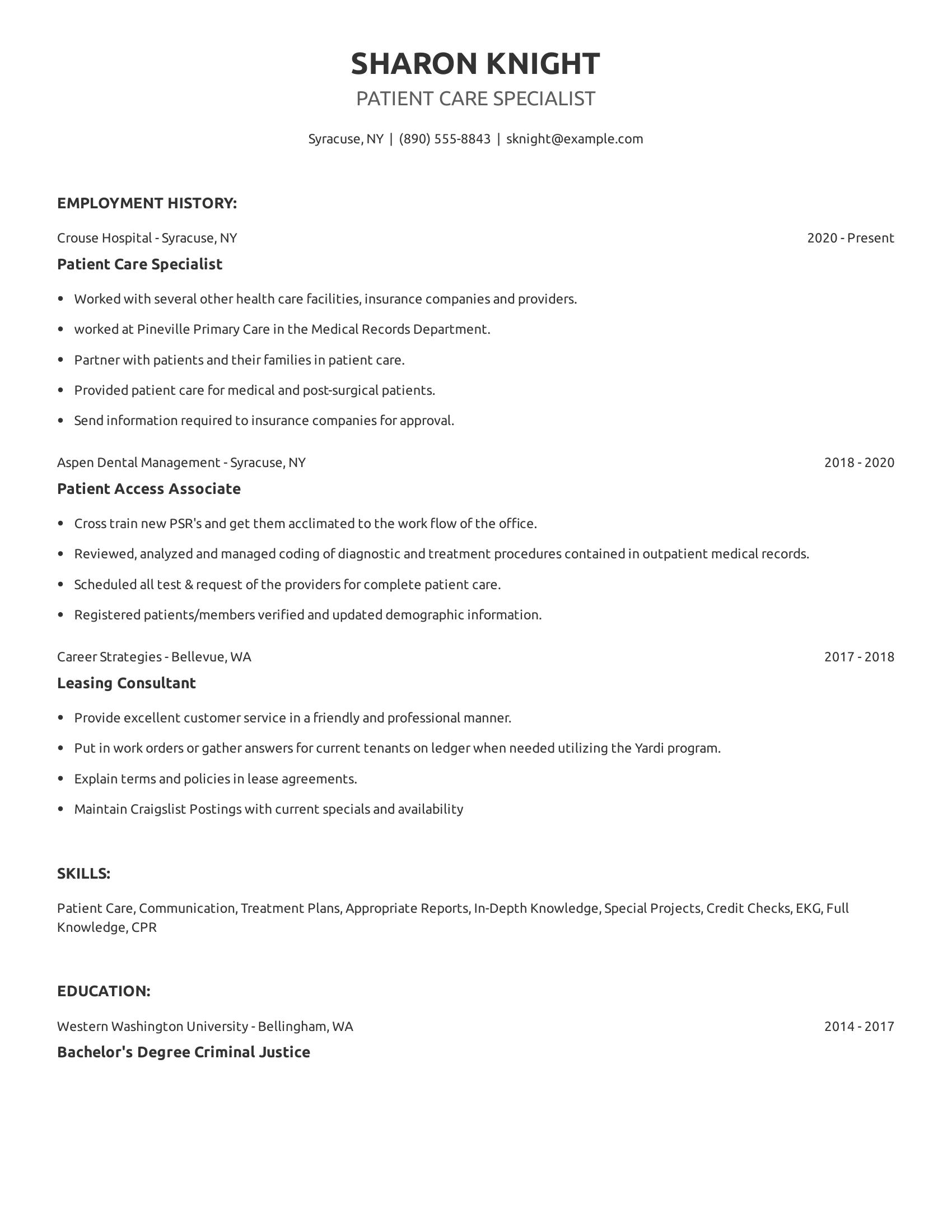 Patient Care Specialist resume example