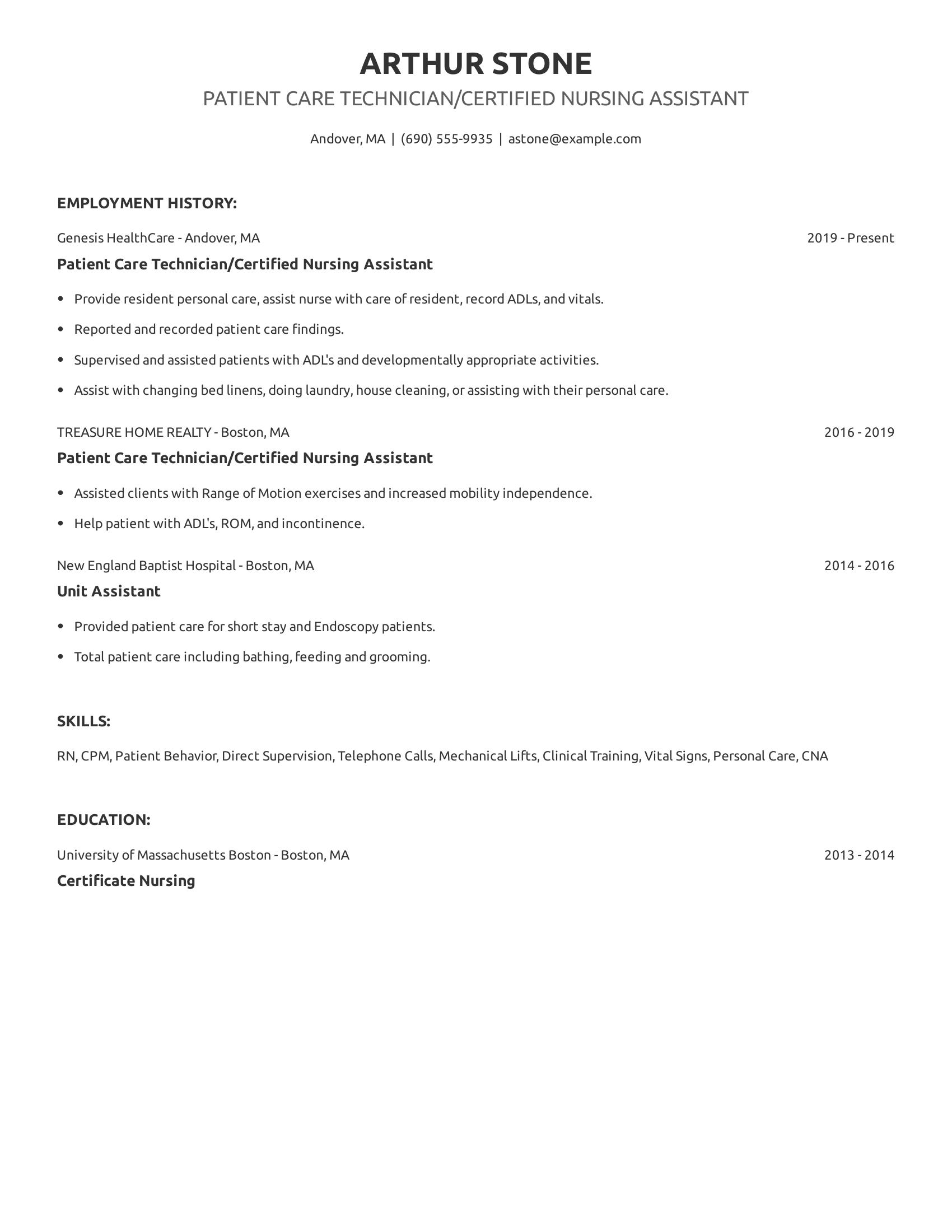 Patient Care Technician/Certified Nursing Assistant resume example