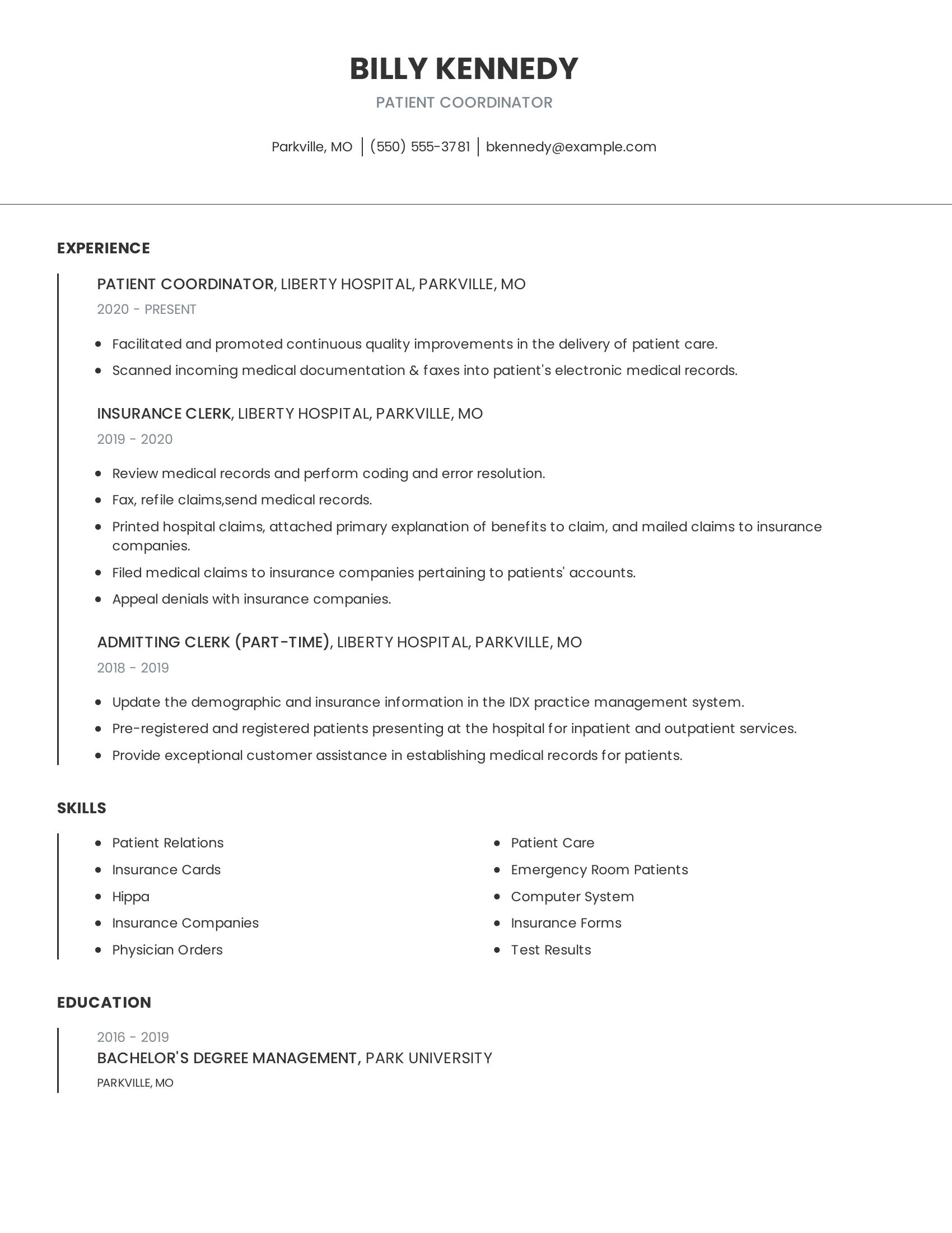 Patient Coordinator resume example