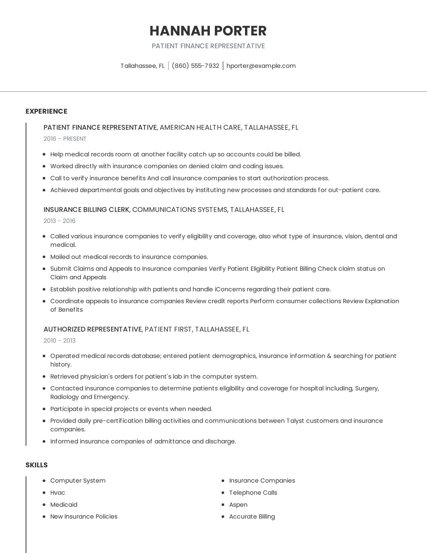 Patient Finance Representative resume example