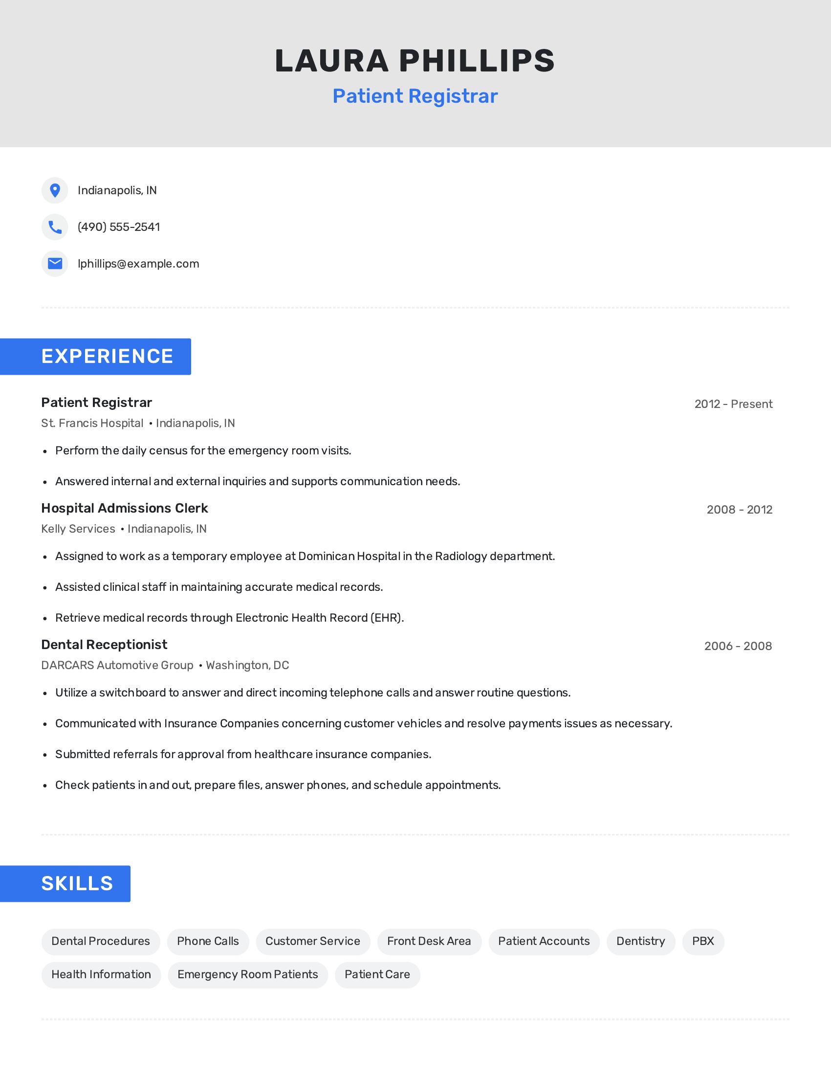 Patient Registrar resume example