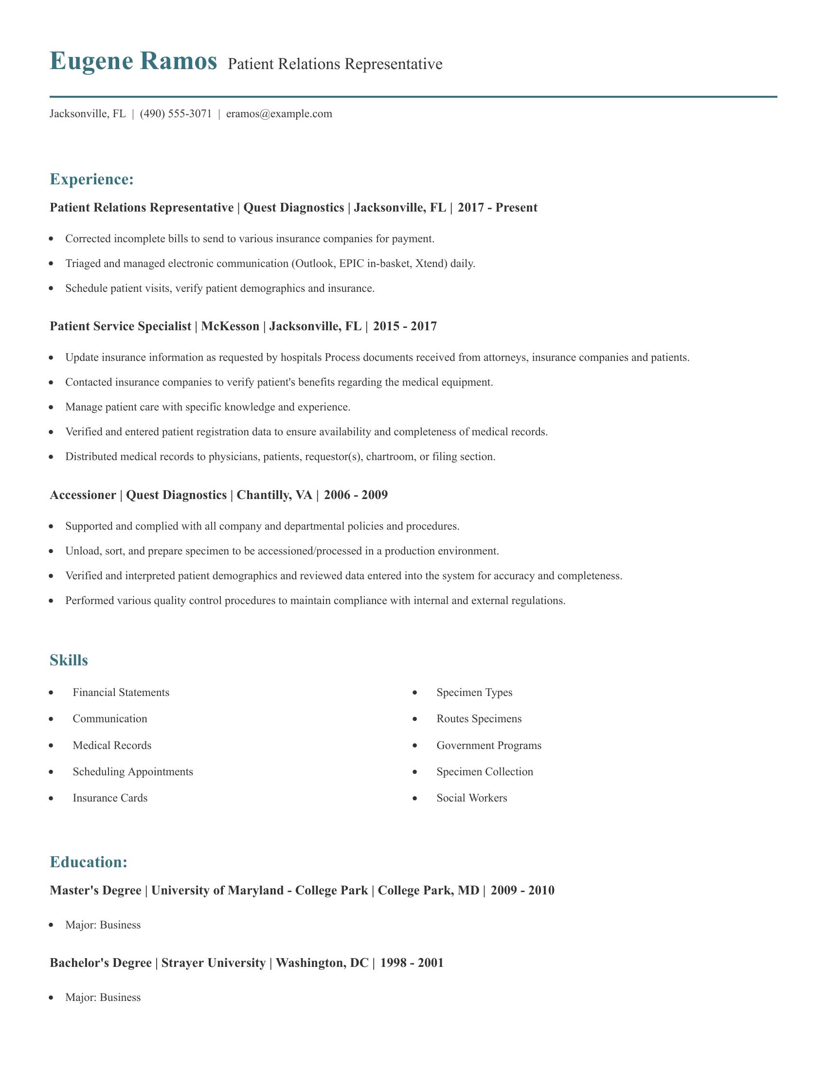 Patient Relations Representative resume example