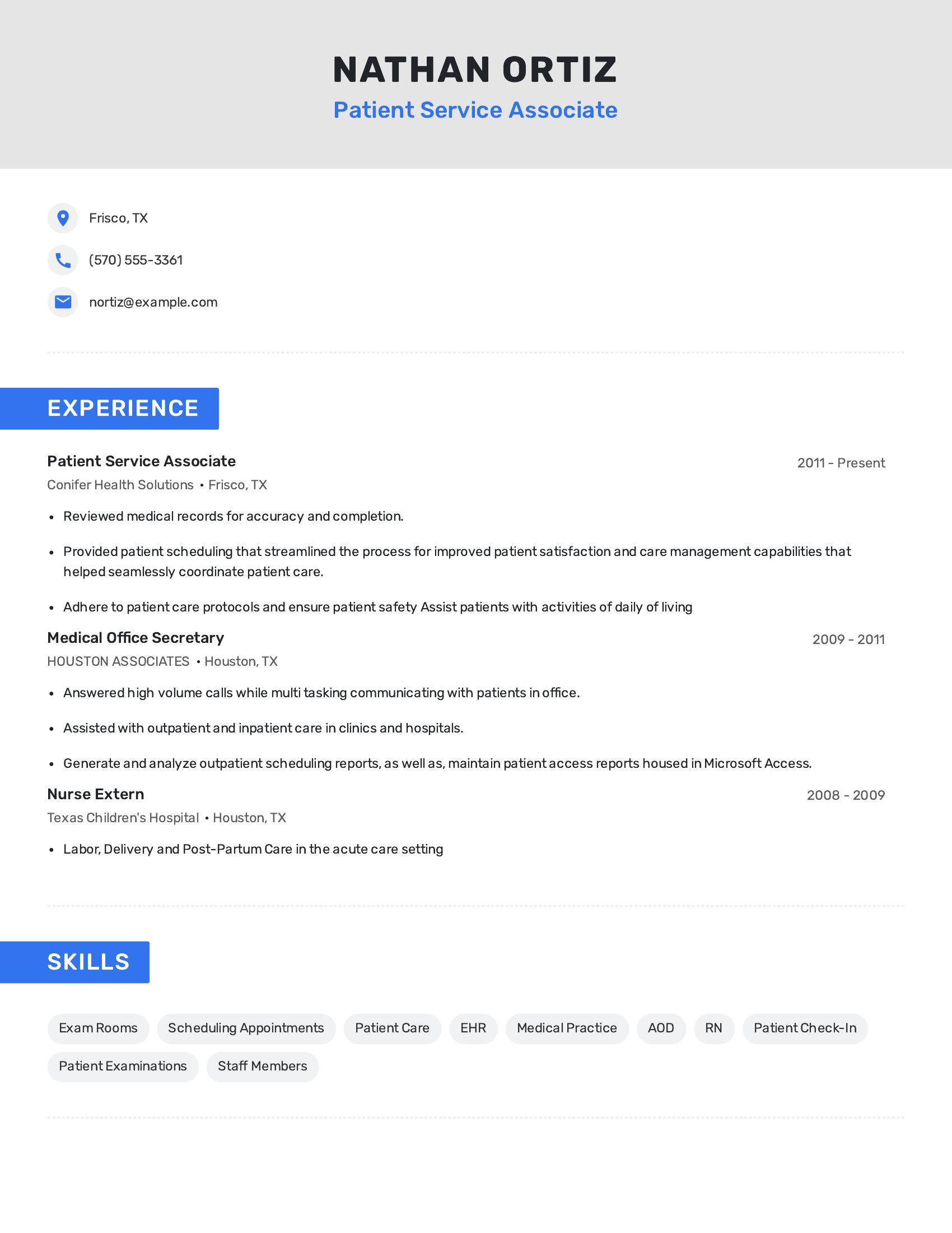 Patient Service Associate resume example