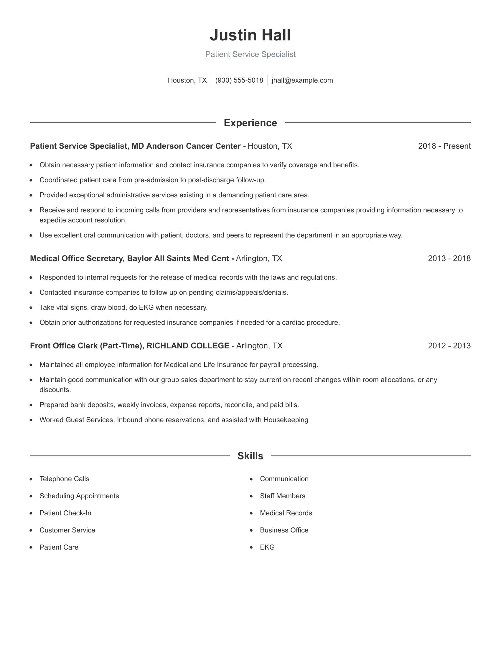 Patient Service Specialist resume example