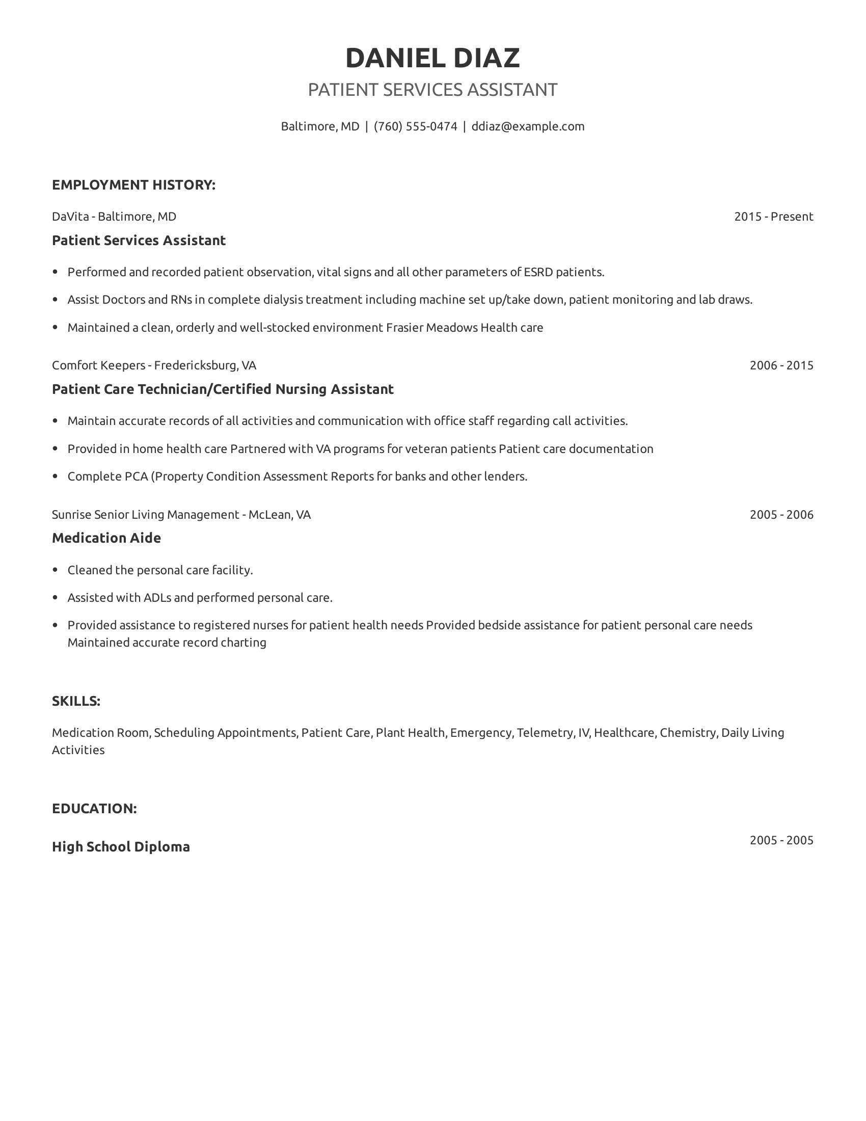 Patient Services Assistant resume example