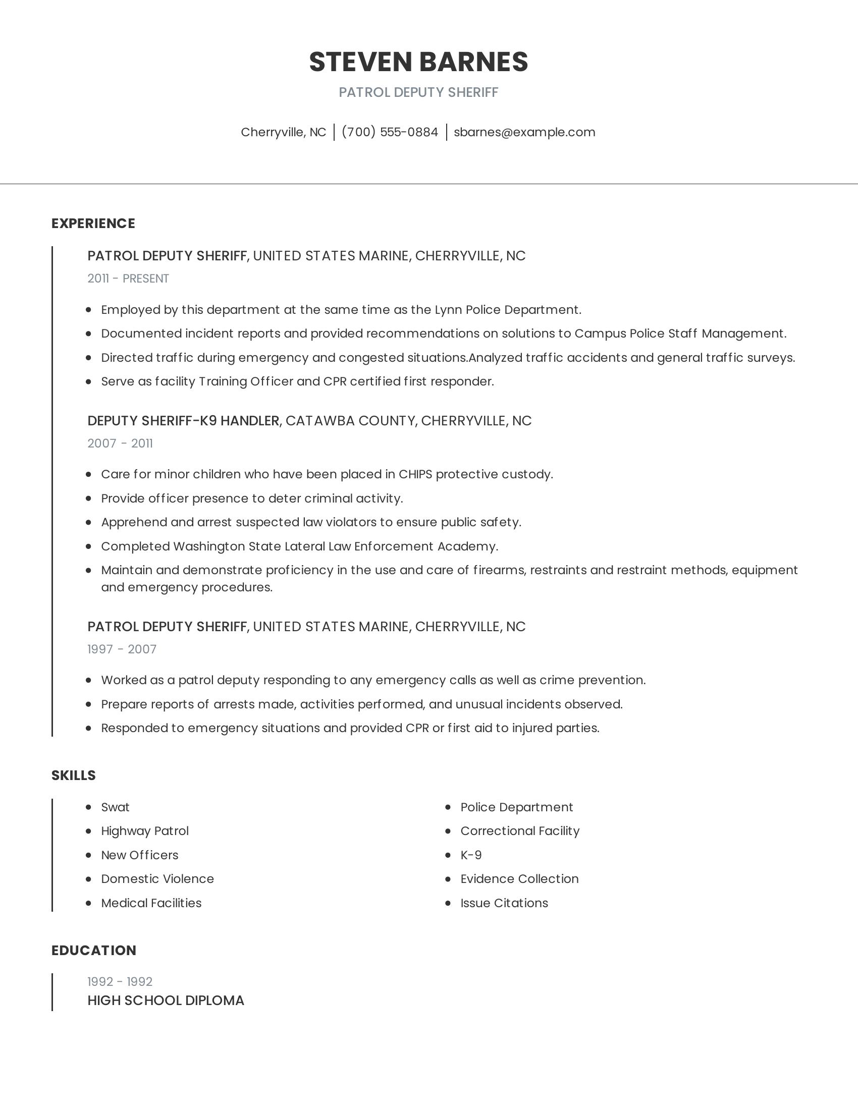 Patrol Deputy Sheriff resume example