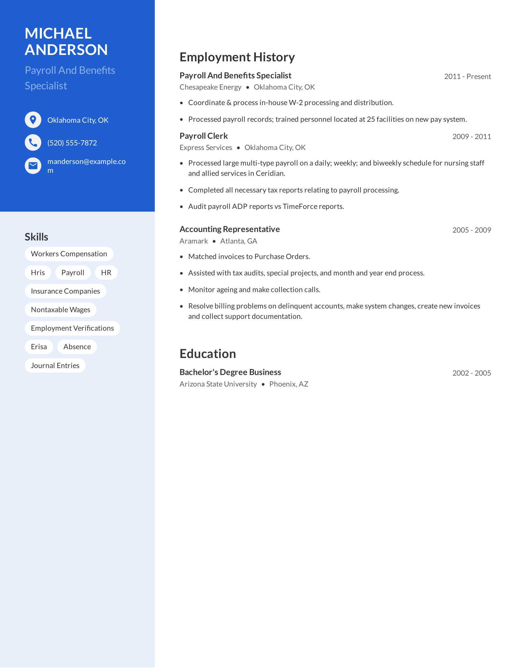 Payroll And Benefits Specialist resume example