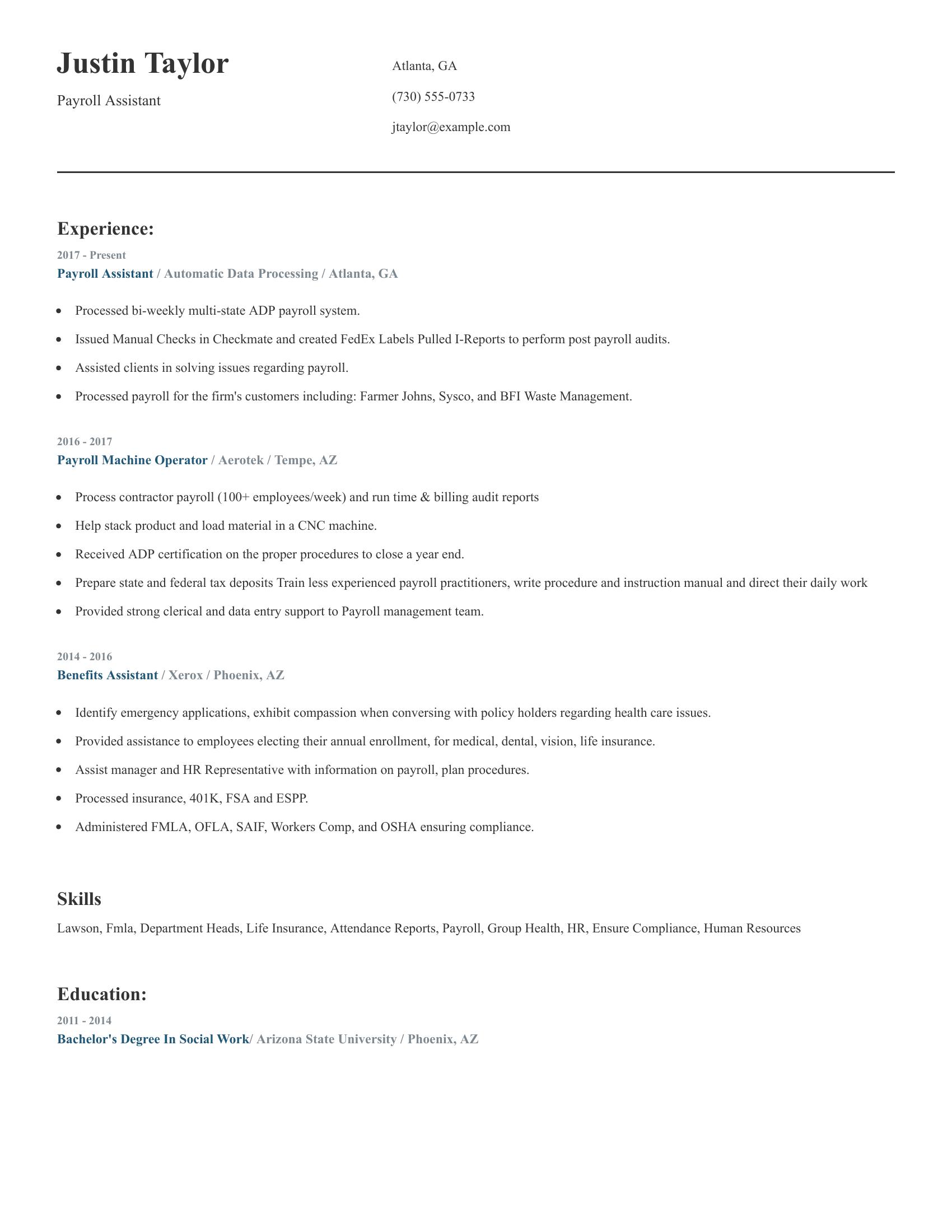 Payroll Assistant resume example