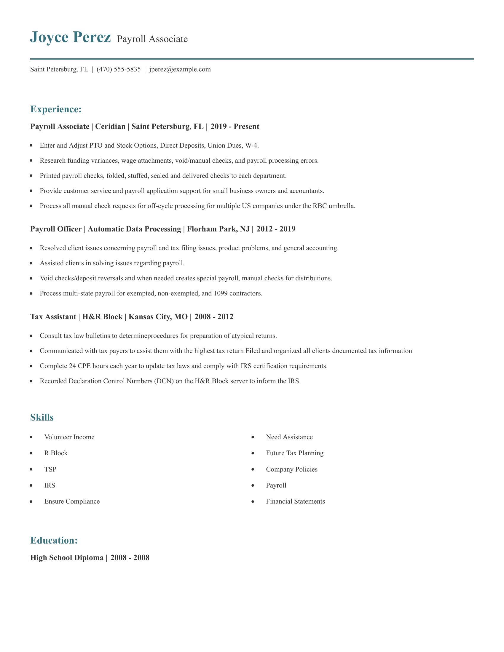 Payroll Associate resume example