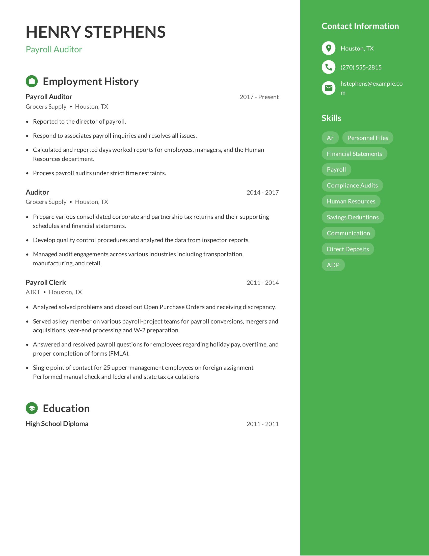 Payroll Auditor resume example