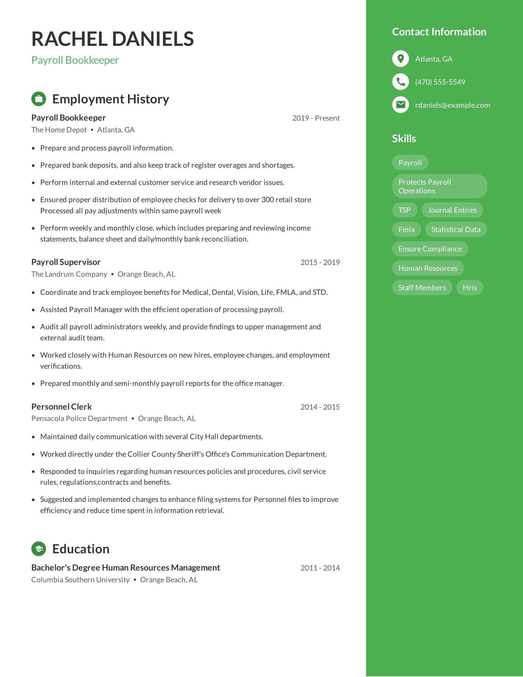 Payroll Bookkeeper resume example