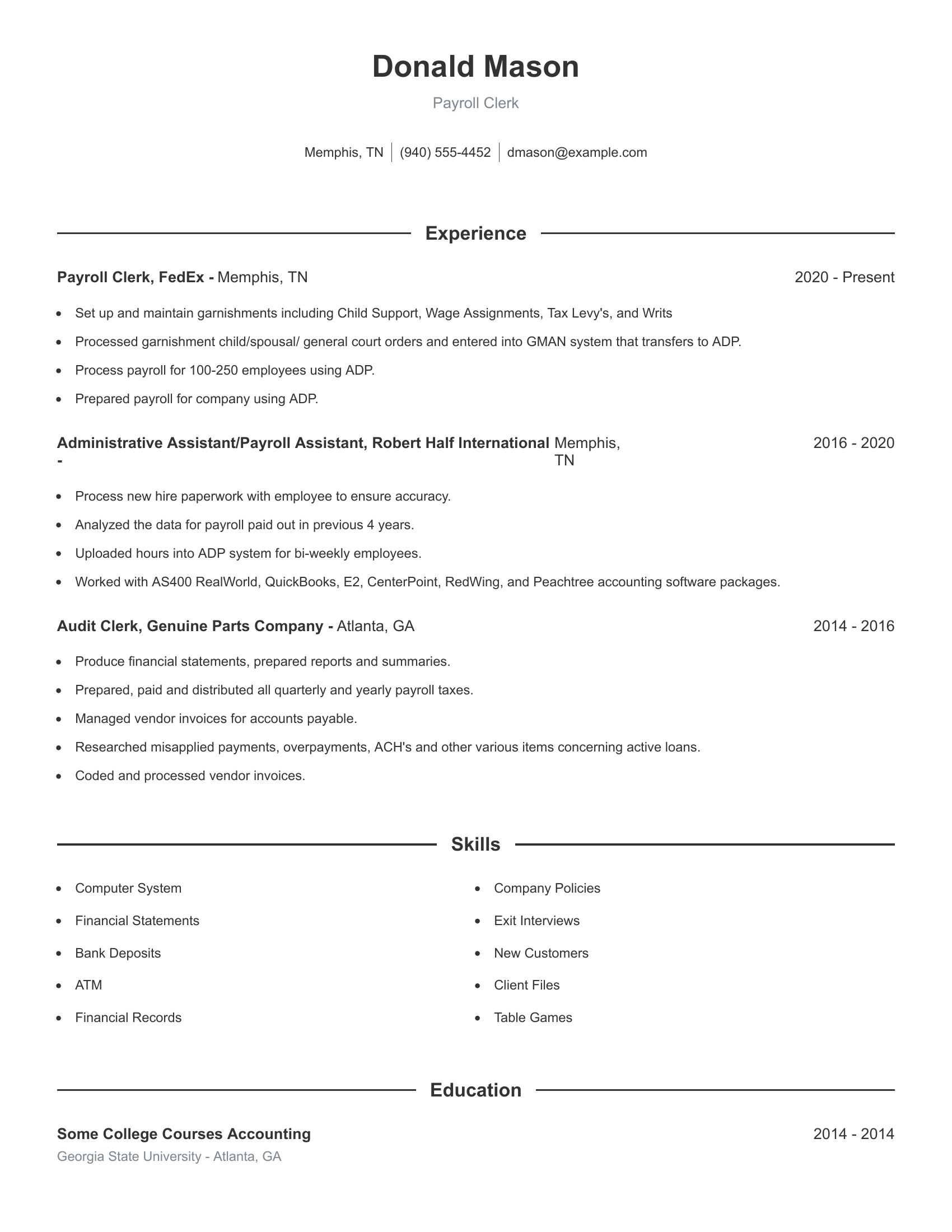 Payroll Clerk resume example