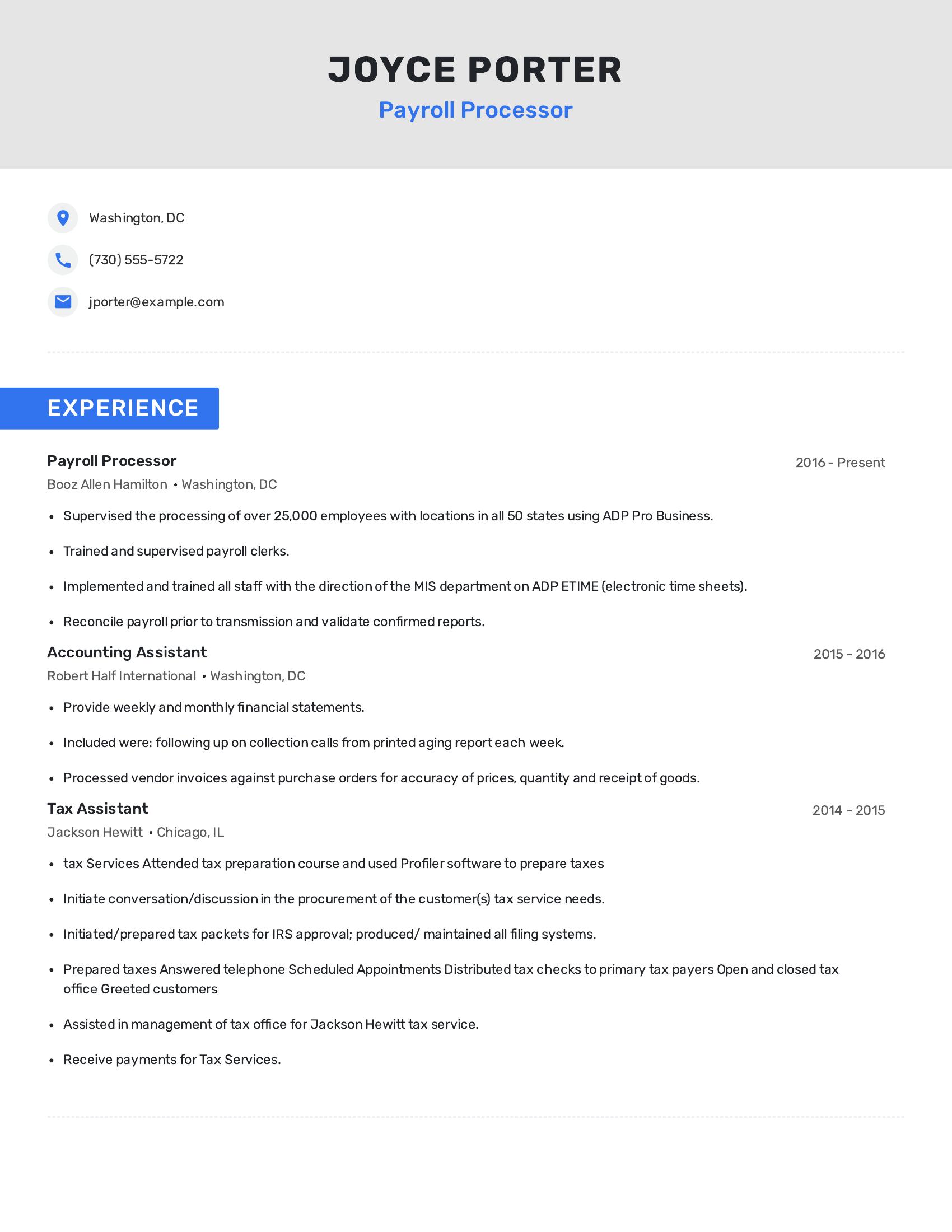Payroll Processor resume example