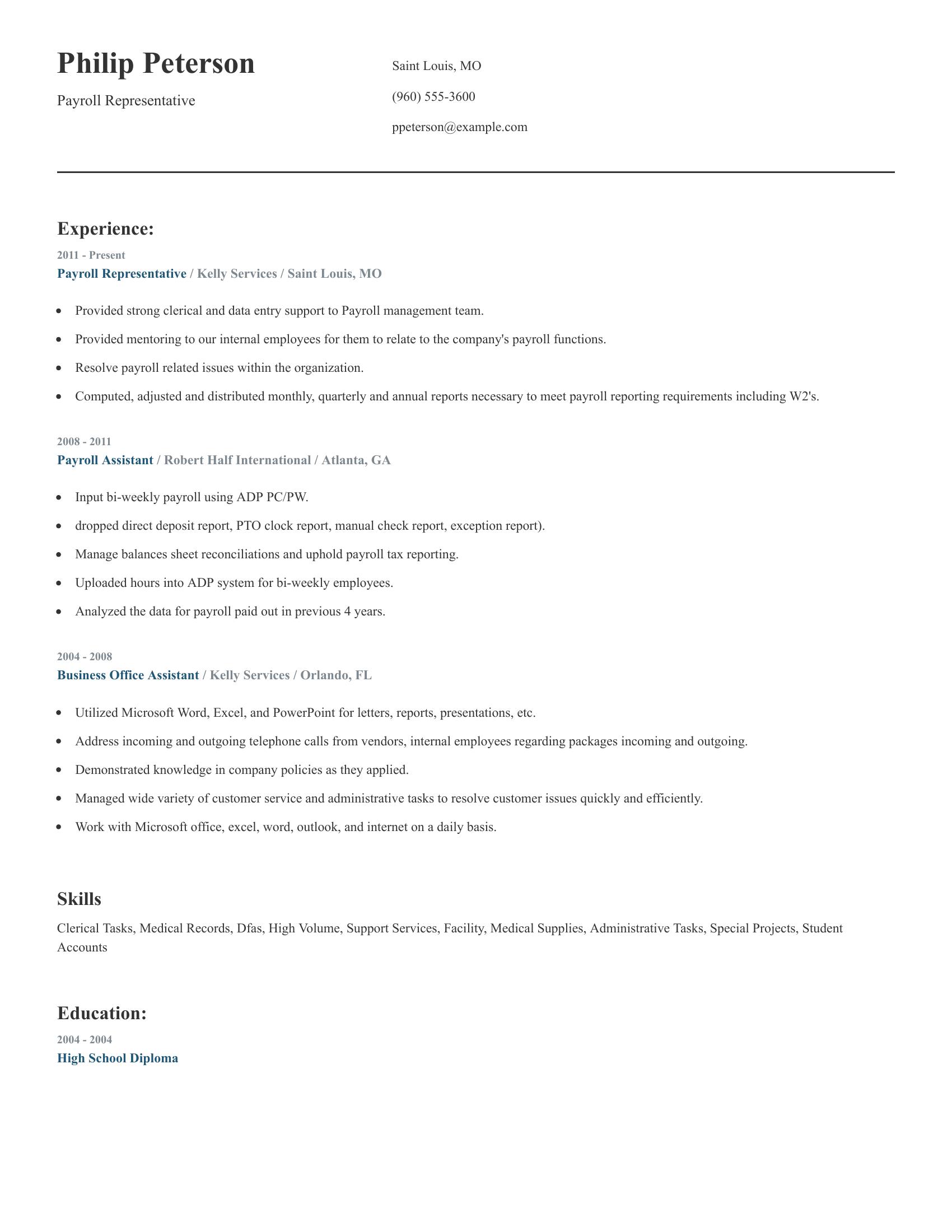 Payroll Representative resume example