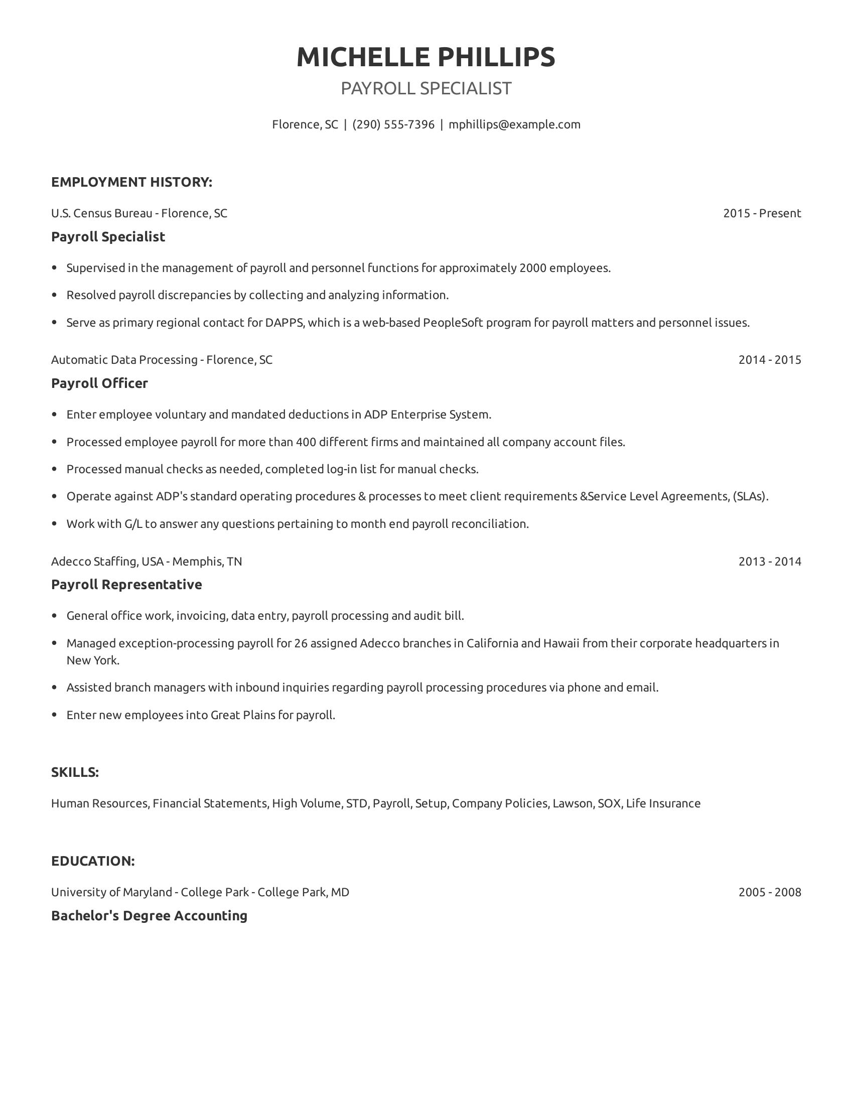 Payroll Specialist resume example