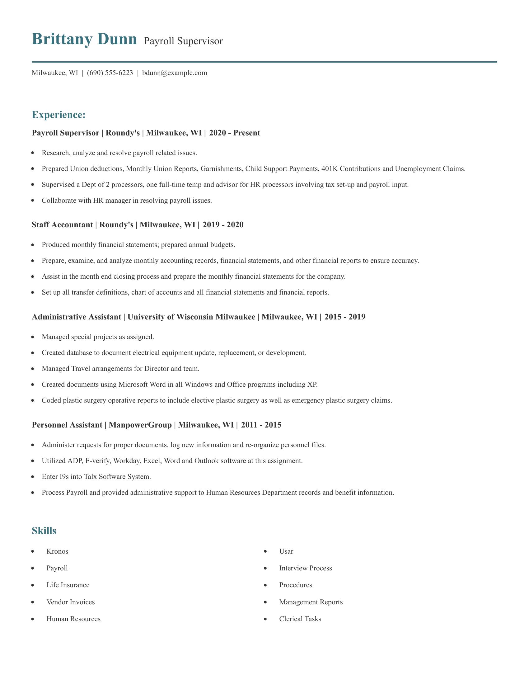 Payroll Supervisor resume example