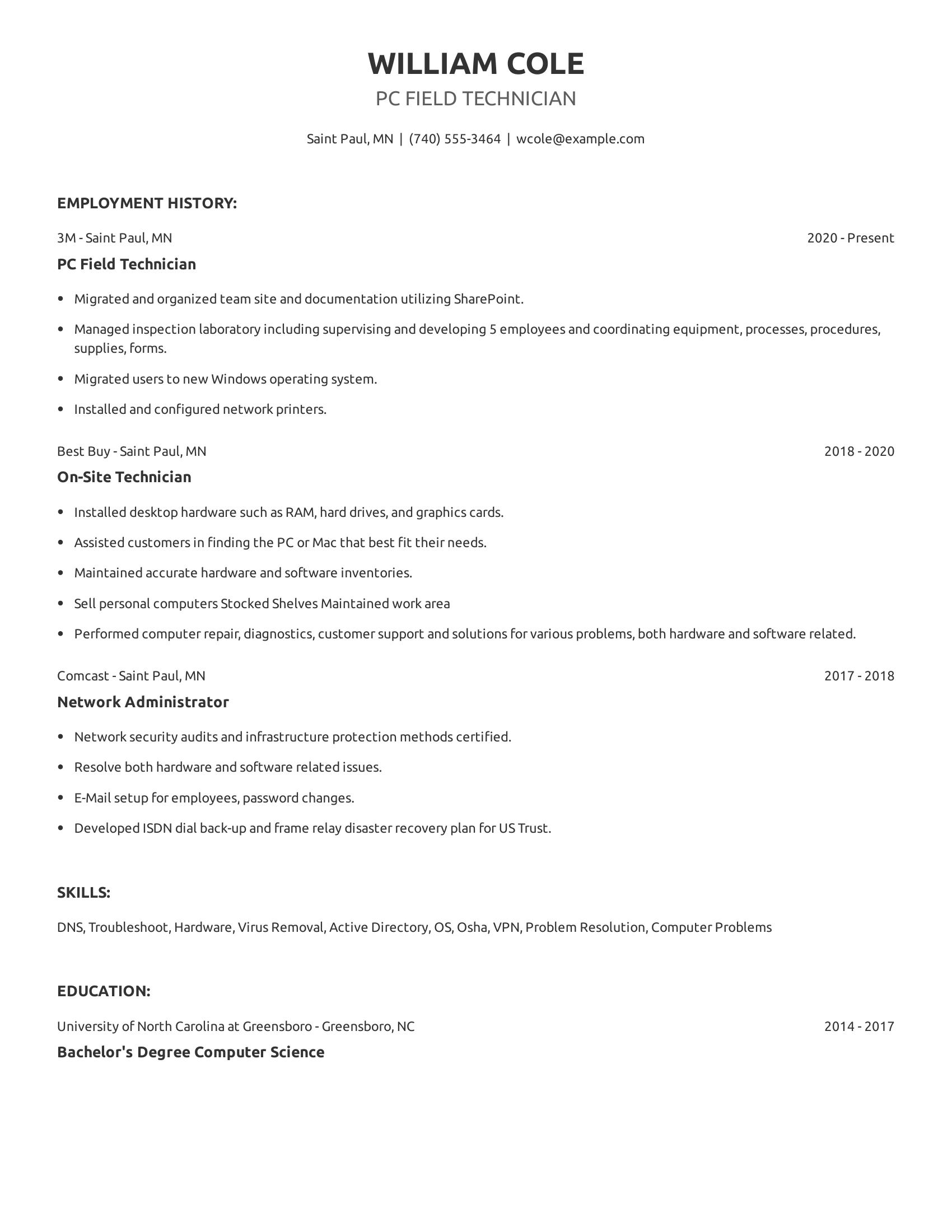 PC Field Technician resume example