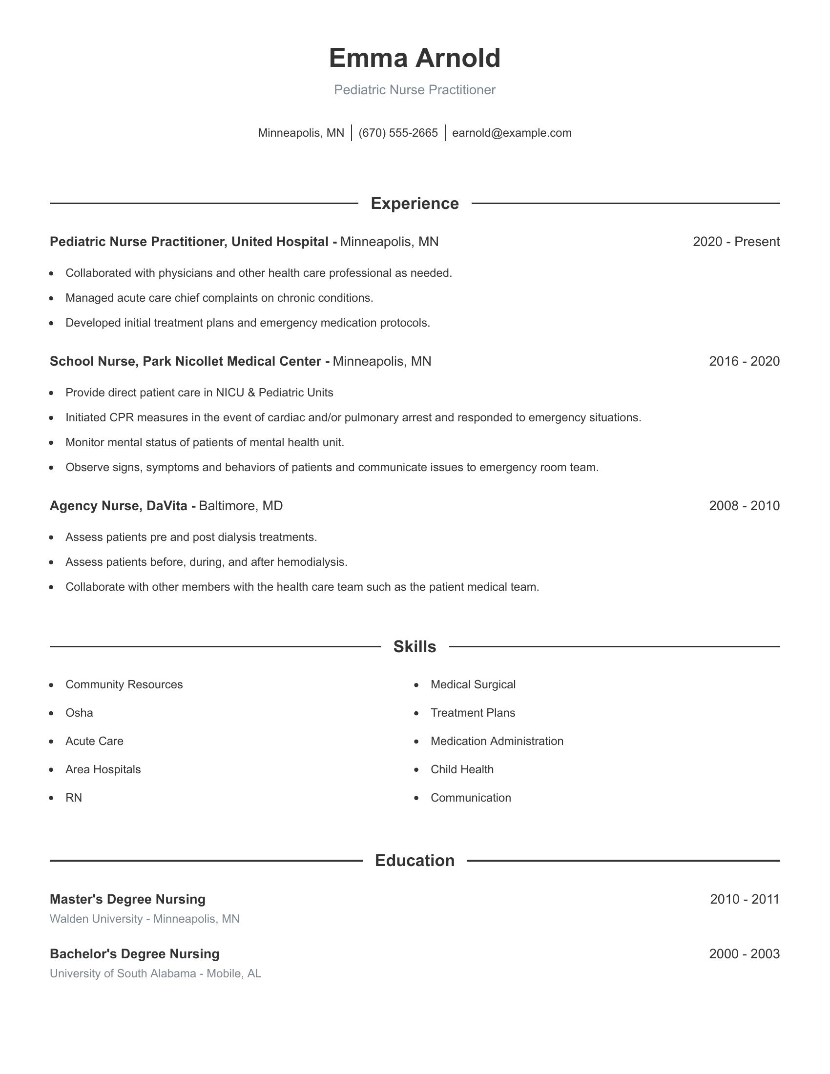 Pediatric Nurse Practitioner resume example