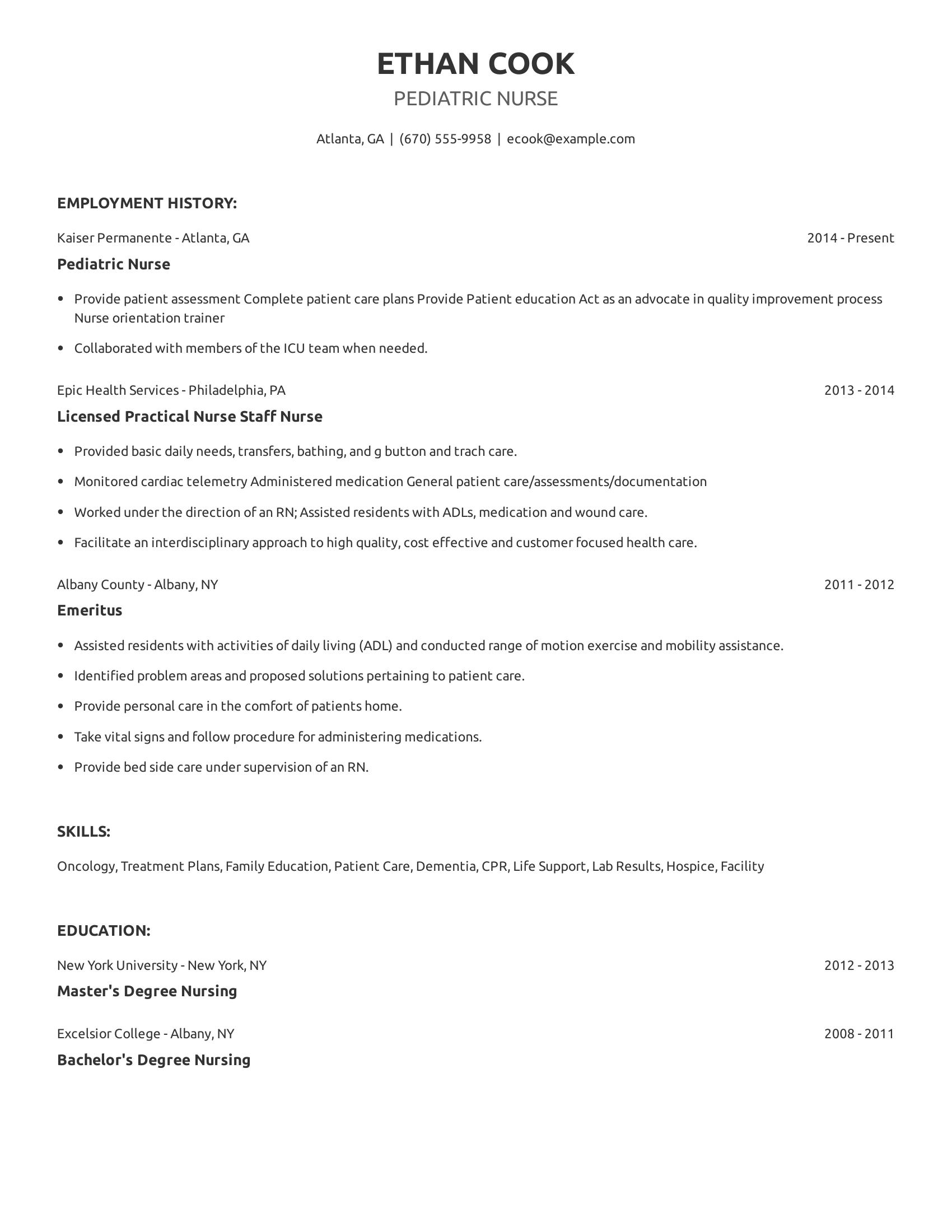 Pediatric Nurse resume example