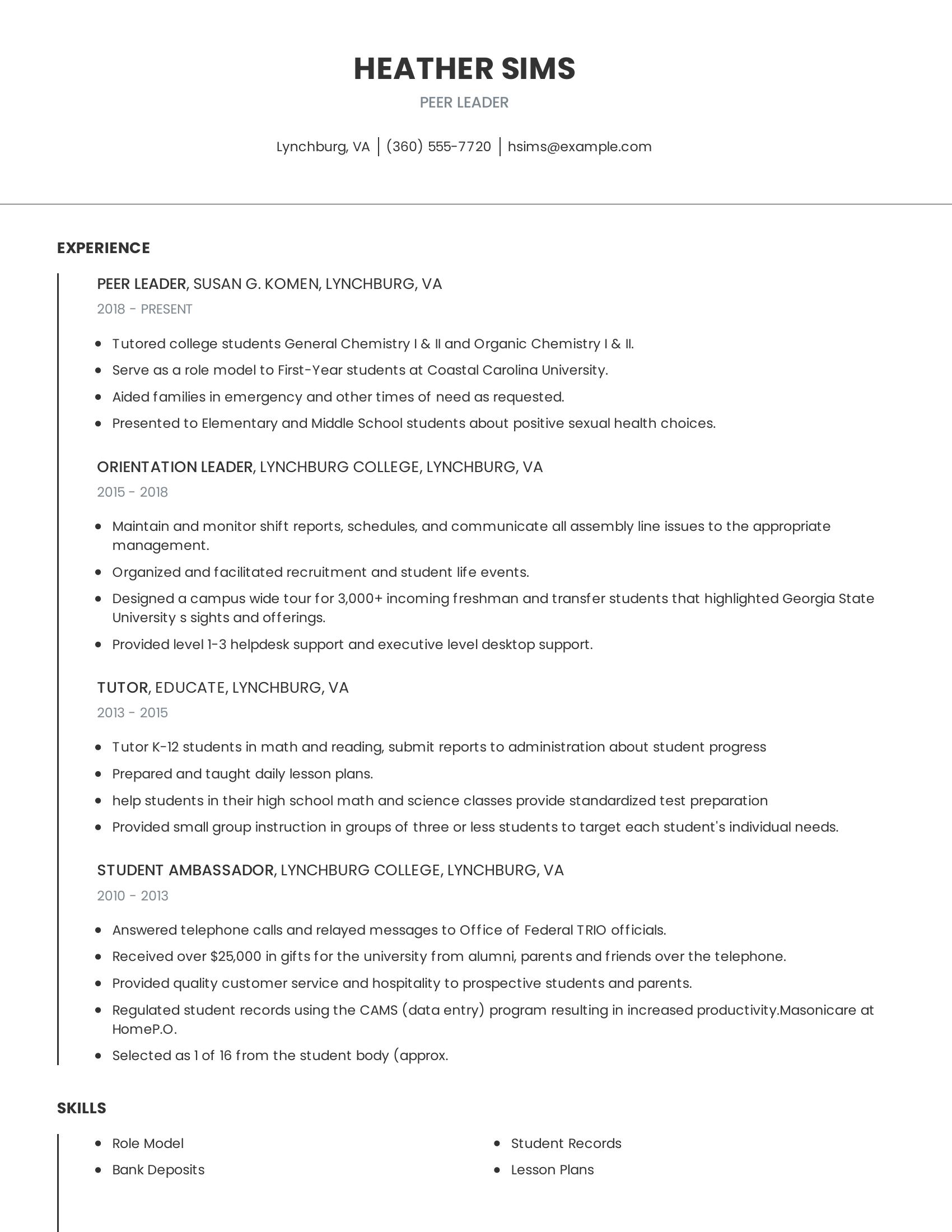 Peer Leader resume example