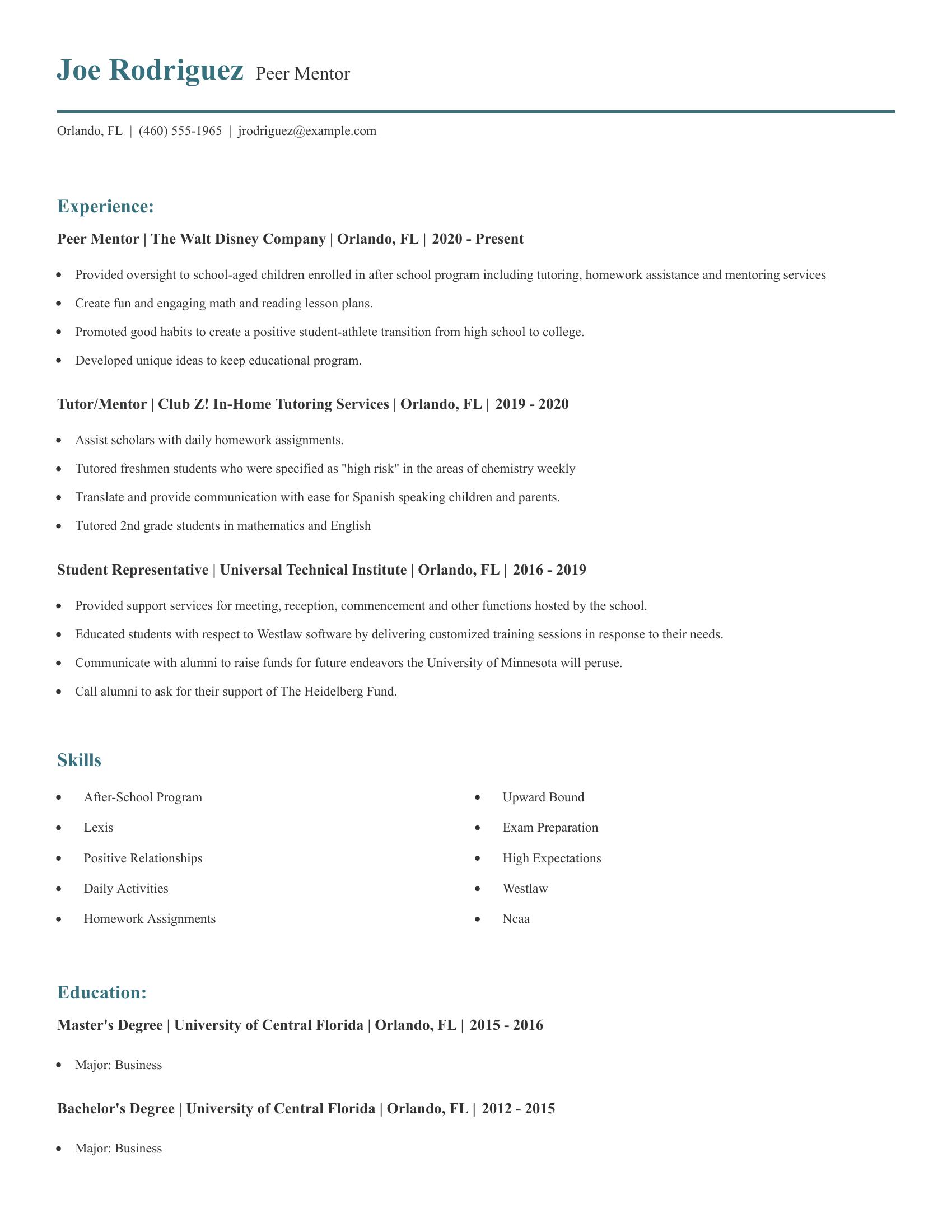 Peer Mentor resume example