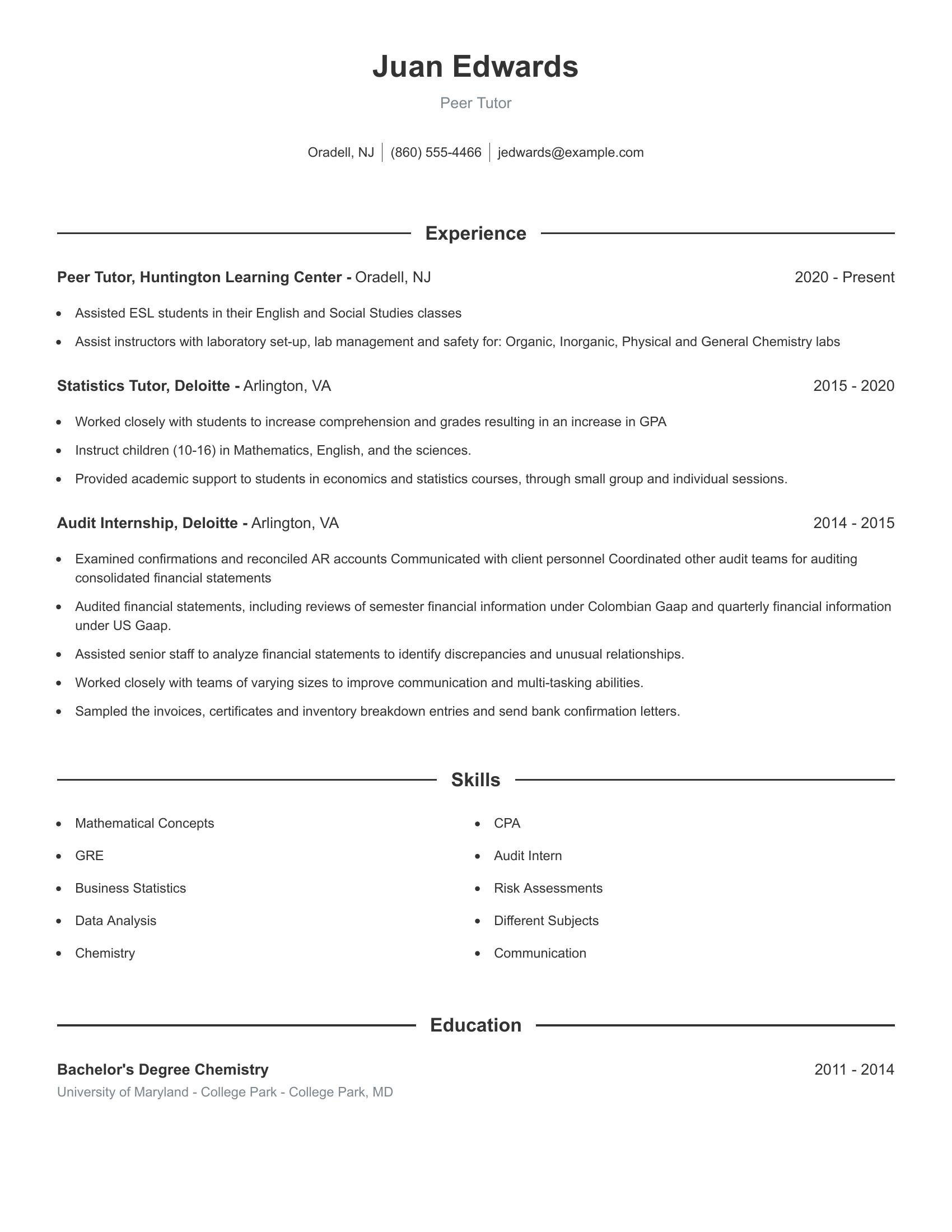 Peer Tutor resume example