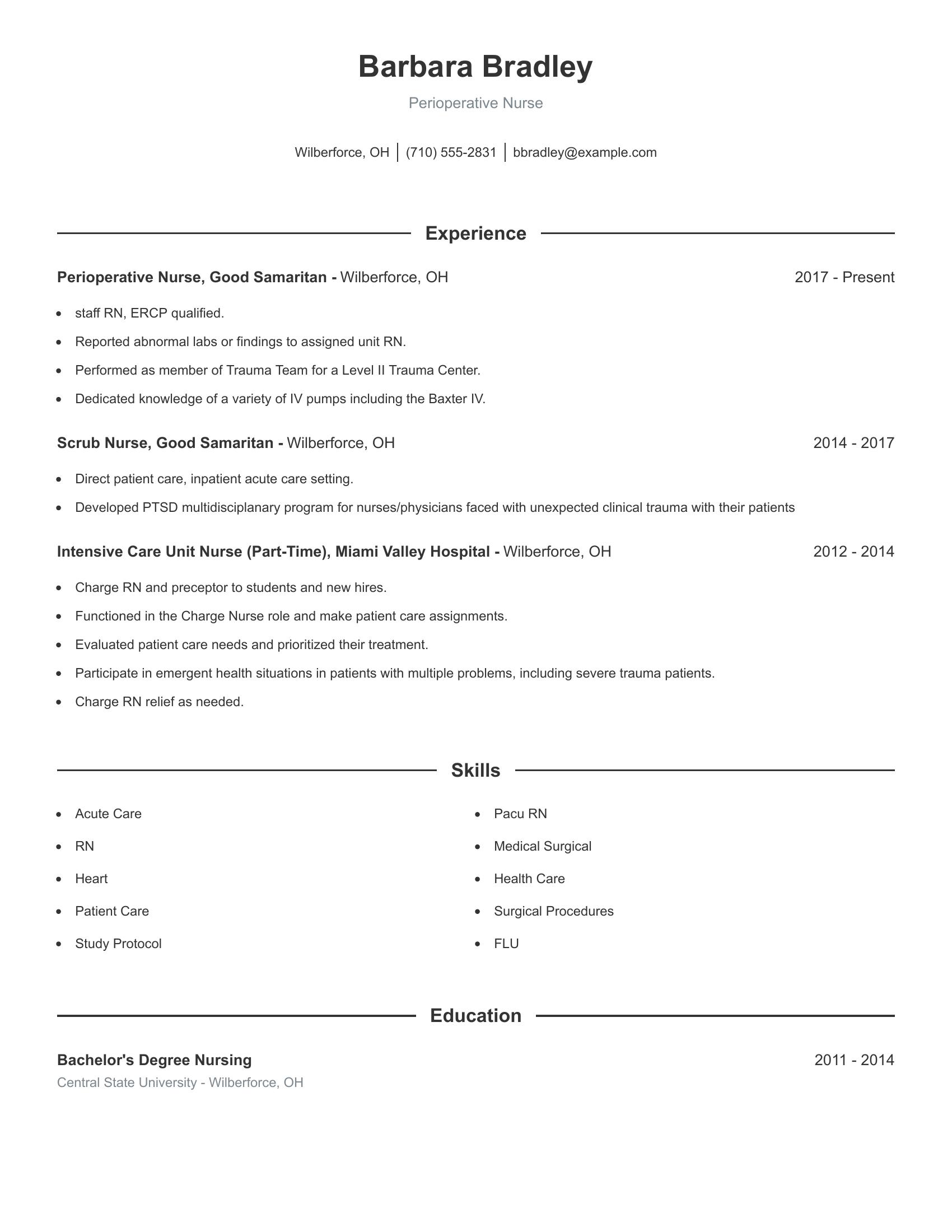 Perioperative Nurse resume example