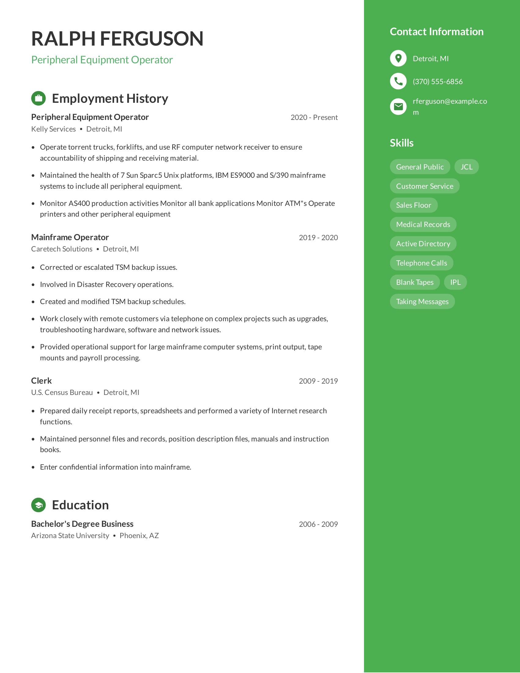 Peripheral Equipment Operator resume example