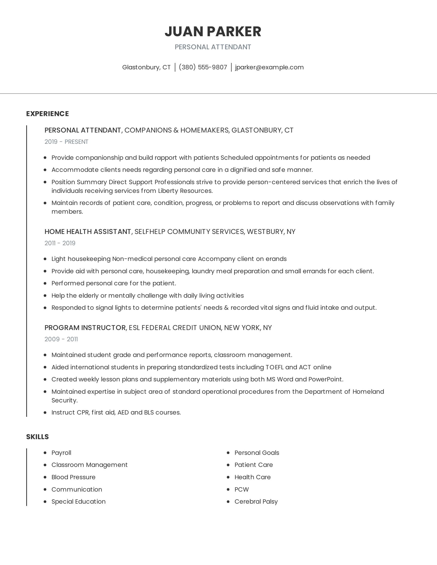 Personal Attendant resume example