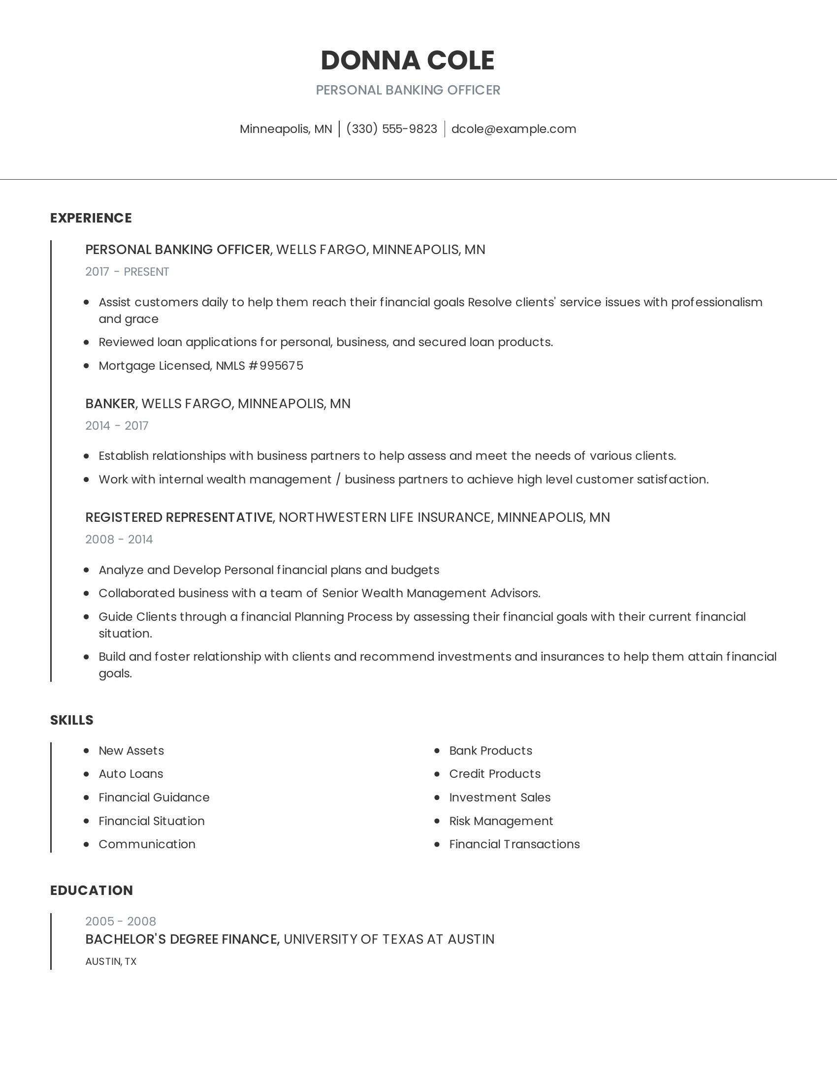 Personal Banking Officer resume example